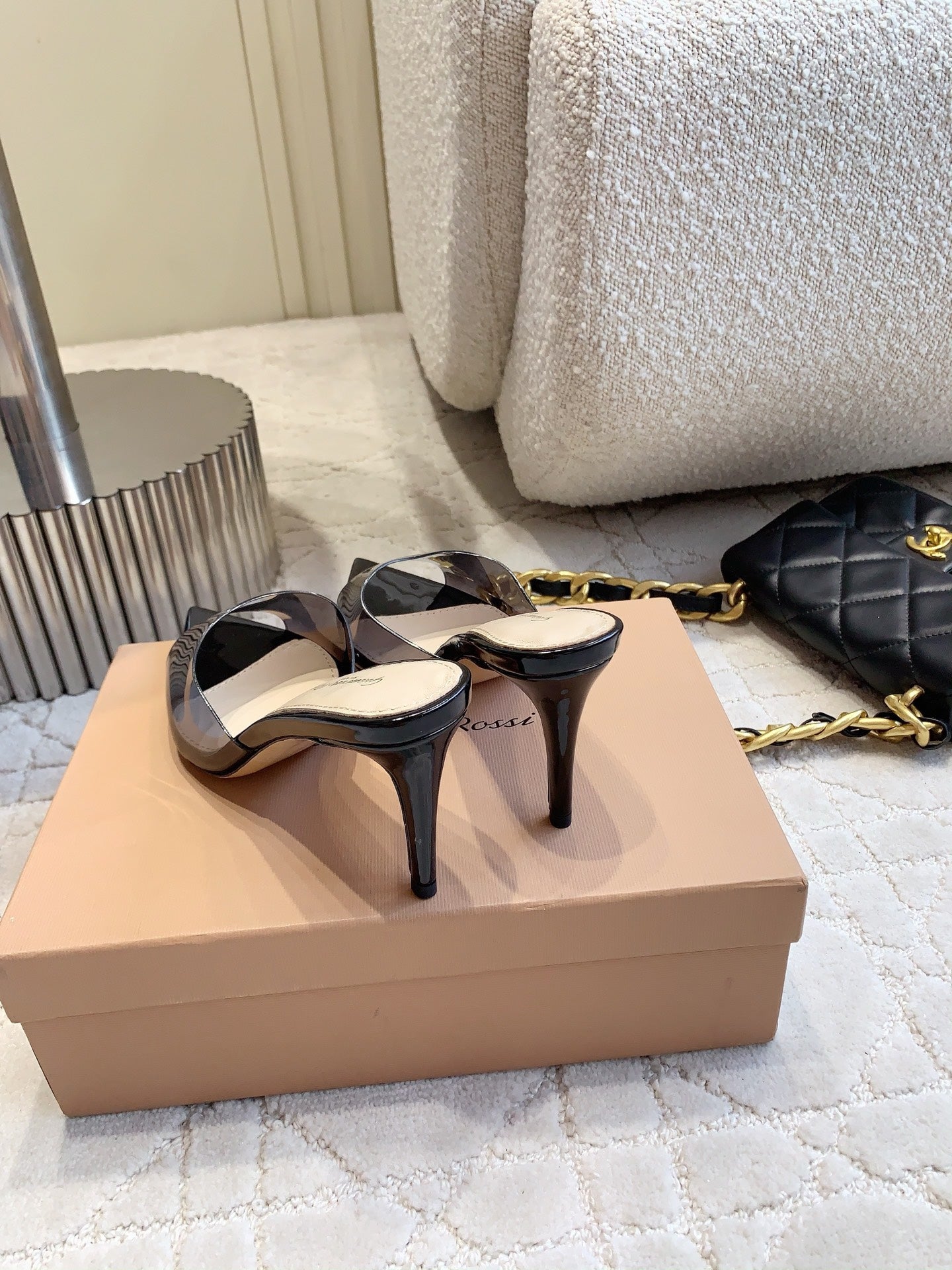GR Pointed-Toe Mule Sandals 8.5cm Black Patent Cowhide & PVC 854878