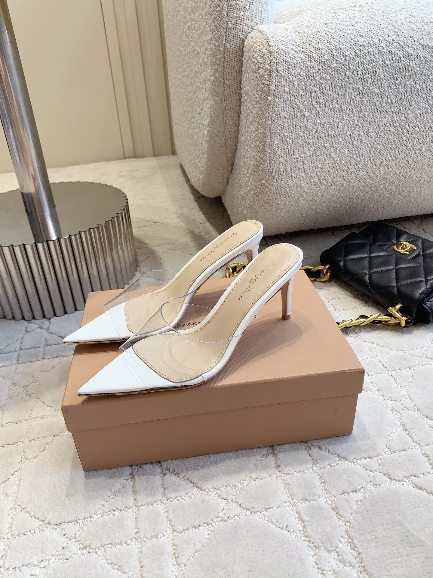 GR Pointed-Toe Mule Sandals 8.5cm White Patent Cowhide & PVC 854877