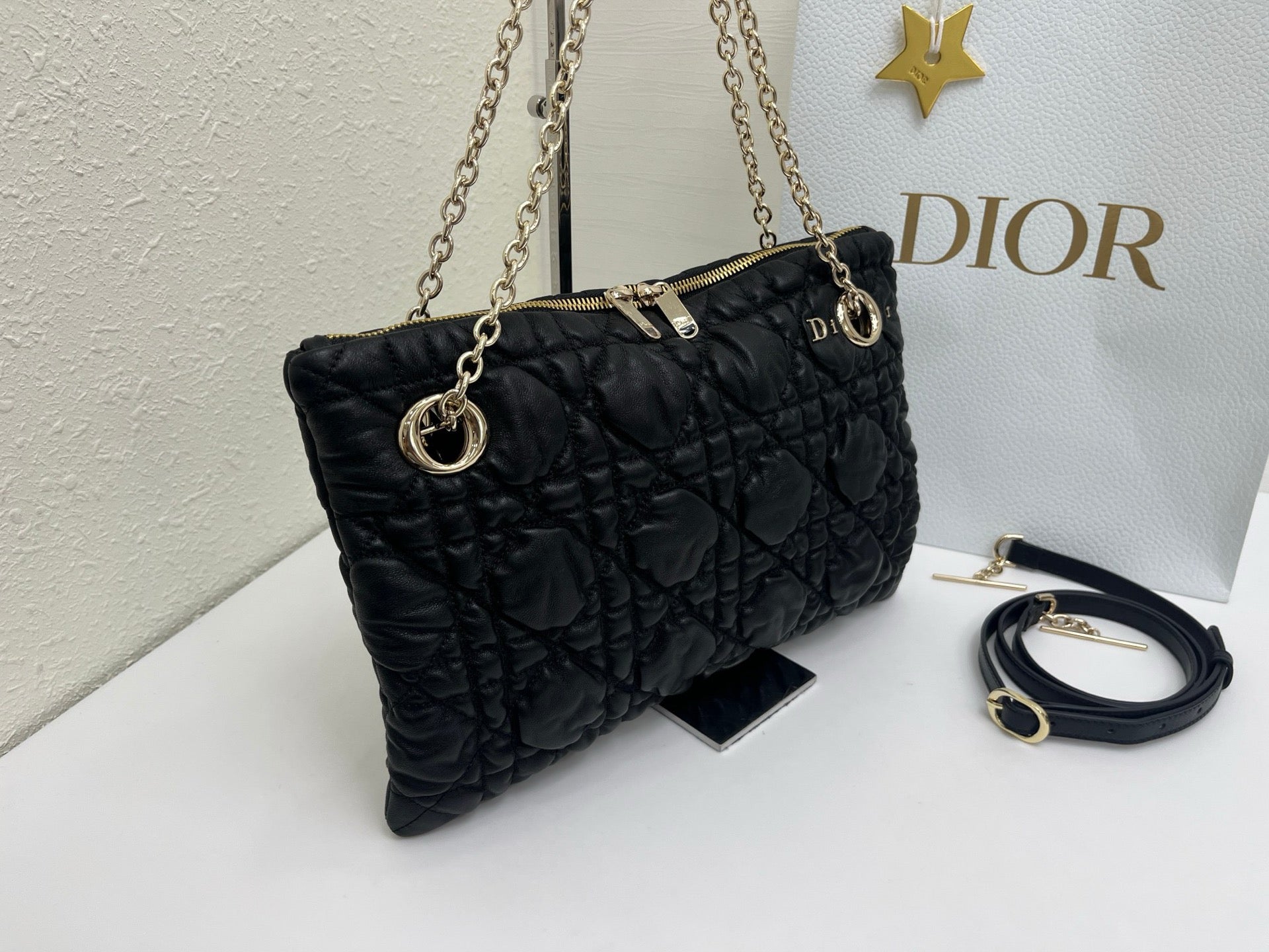 CD Small Cannage Quilted Tote Bag Black Cowhide 158103
