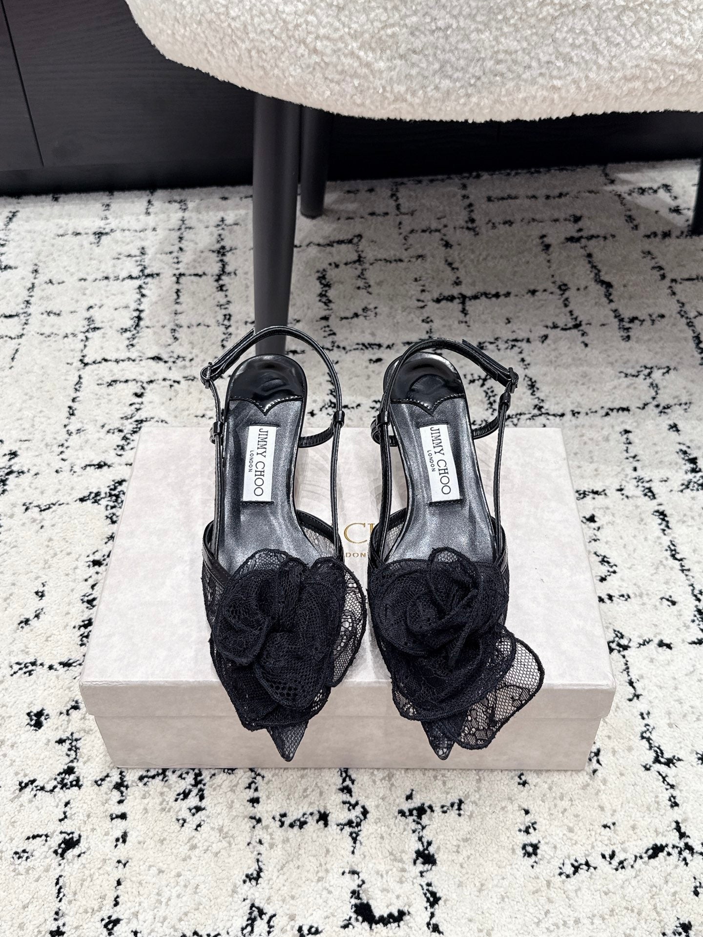 JC Mimmi Slingback Pumps Floral Appliqué 5.5cm Black Lace 858432