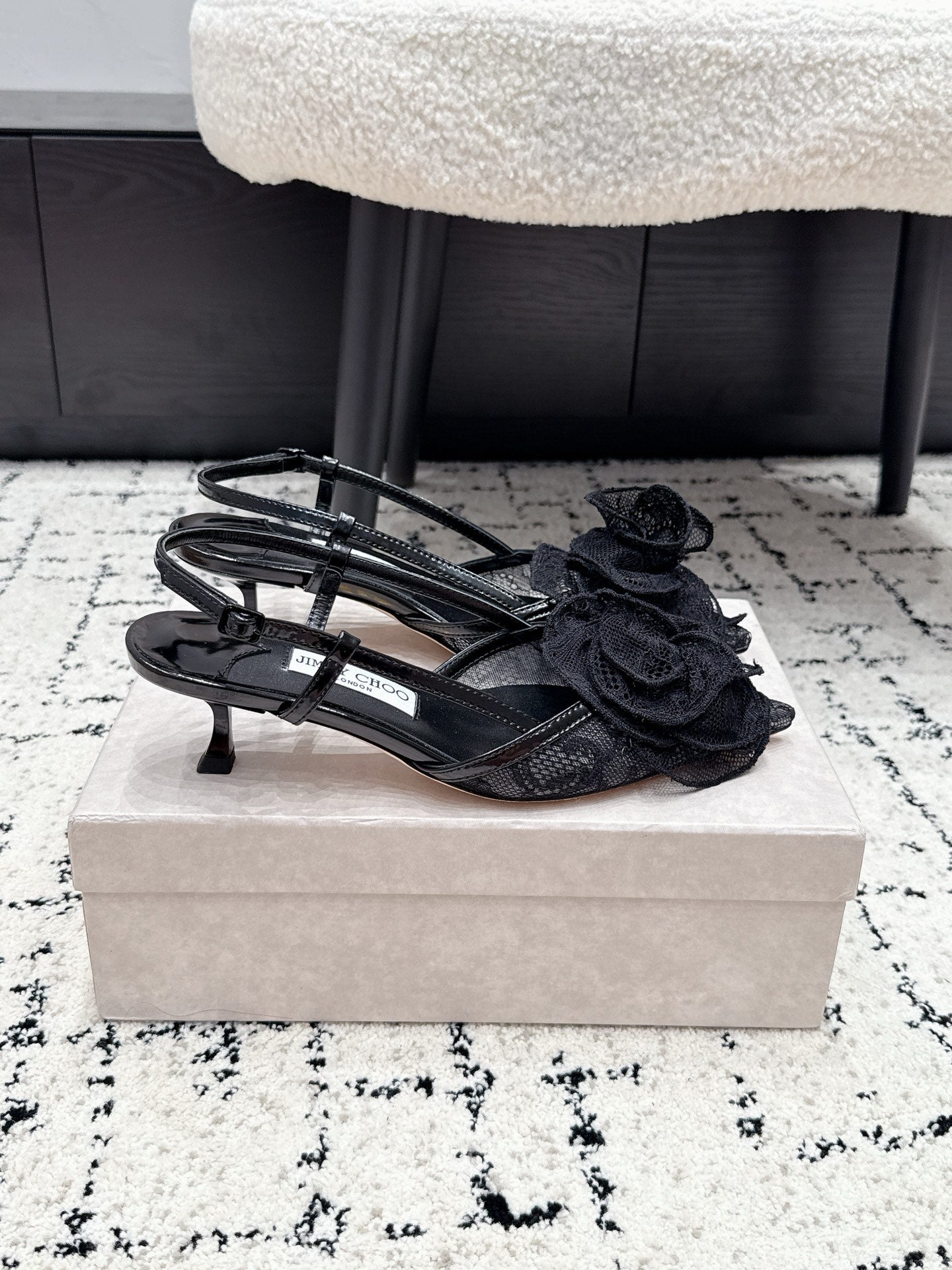 JC Mimmi Slingback Pumps Floral Appliqué 5.5cm Black Lace 858432