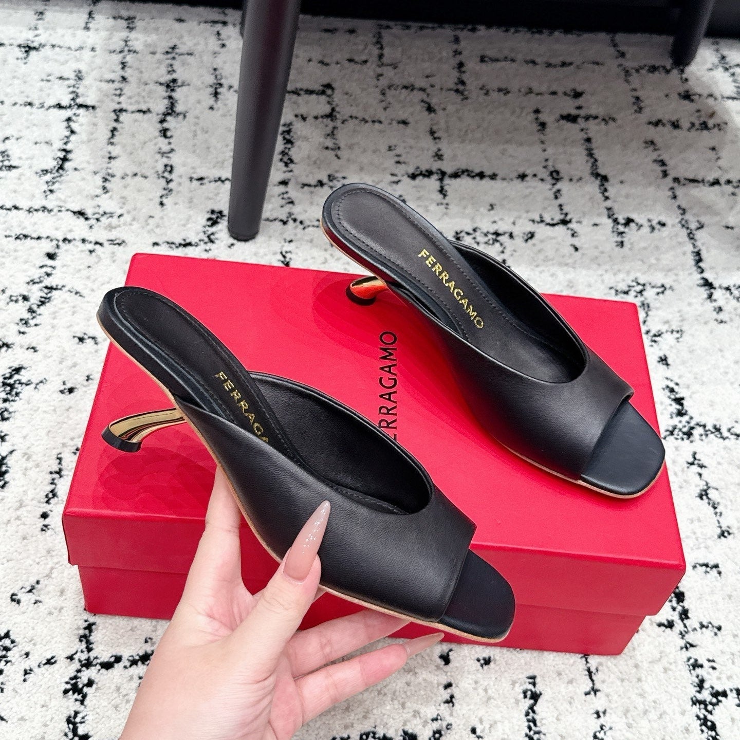FG 26SS Logo Peep Toe Mules 5.5cm Chocolate Lambskin 858416