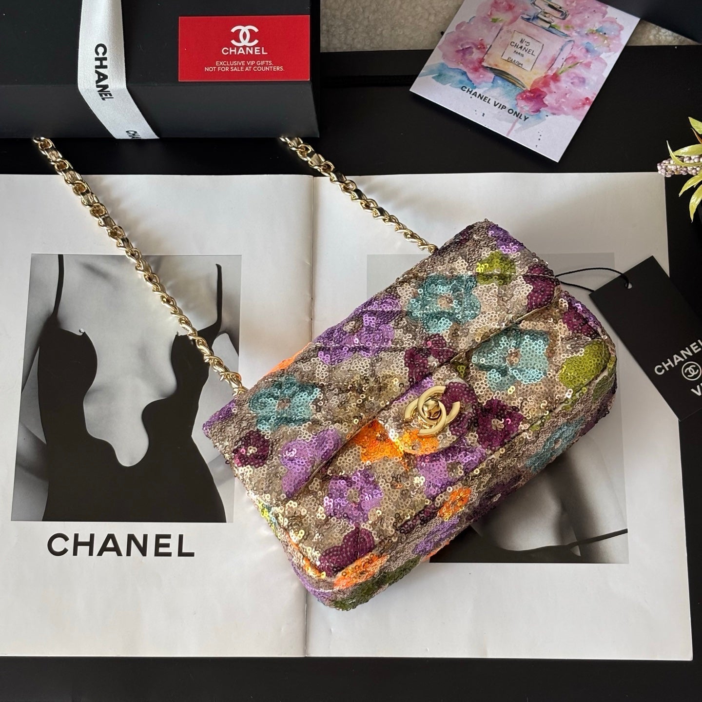 CC Flap Bag Floral 20cm Beige Multicolor Sequin Leather GHW 158377