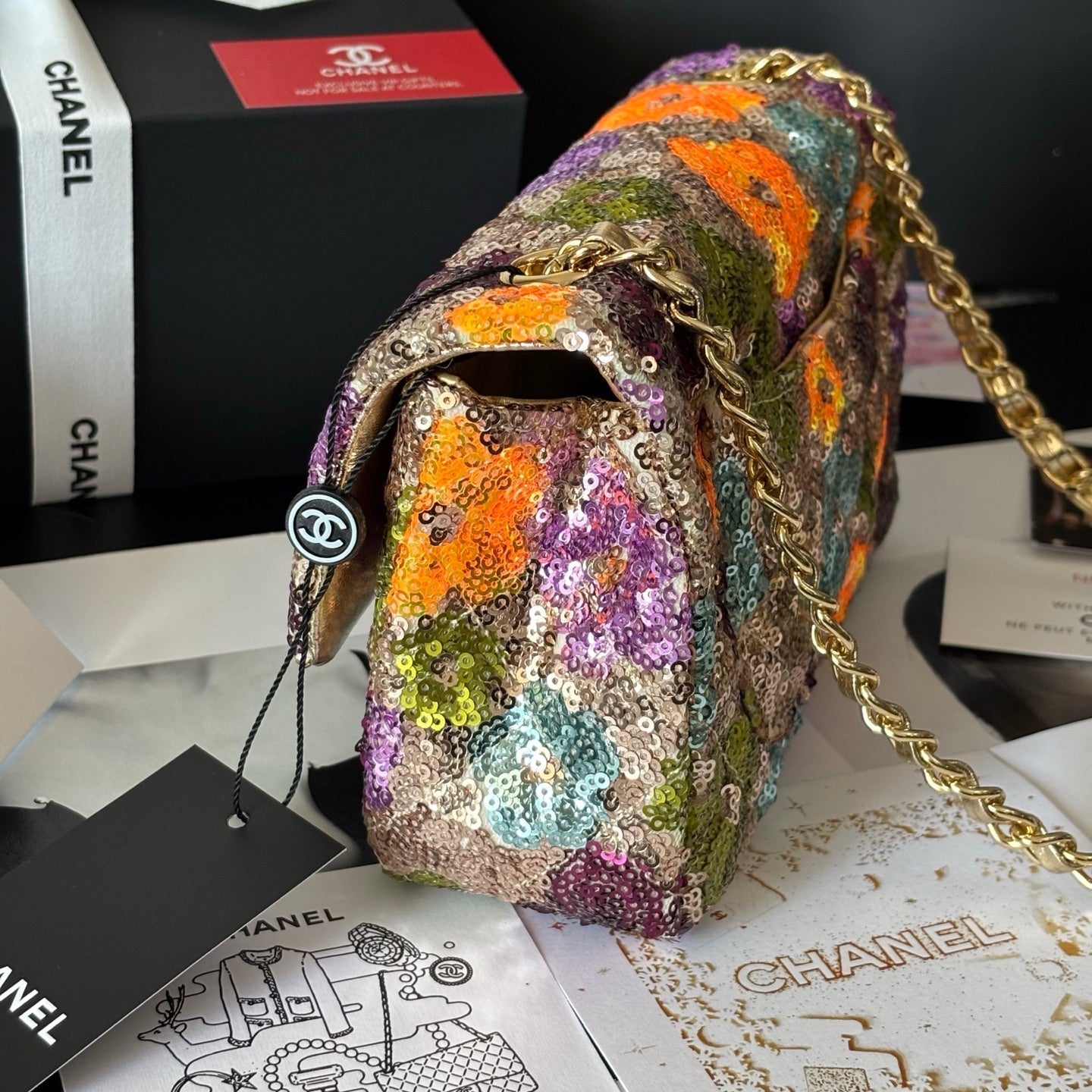CC Flap Bag Floral 20cm Beige Multicolor Sequin Leather GHW 158377