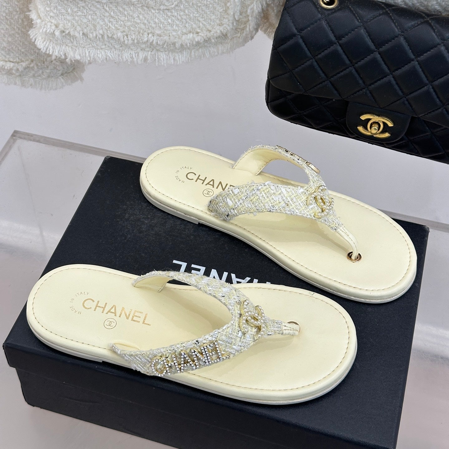 CC Crystal Logo Platform Thong Sandals Flat Light Yellow Tweed 887778