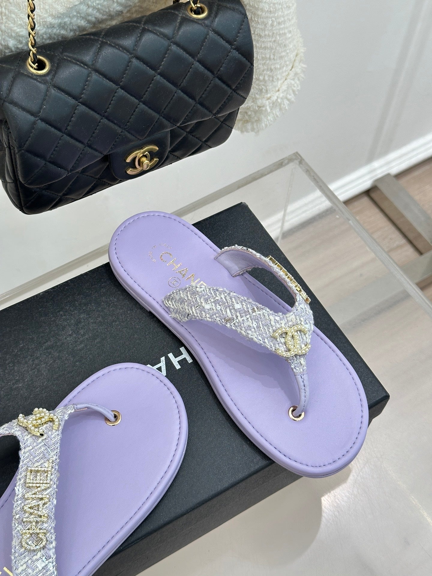 CC Crystal Logo Platform Thong Sandals Flat Purple Tweed 887776