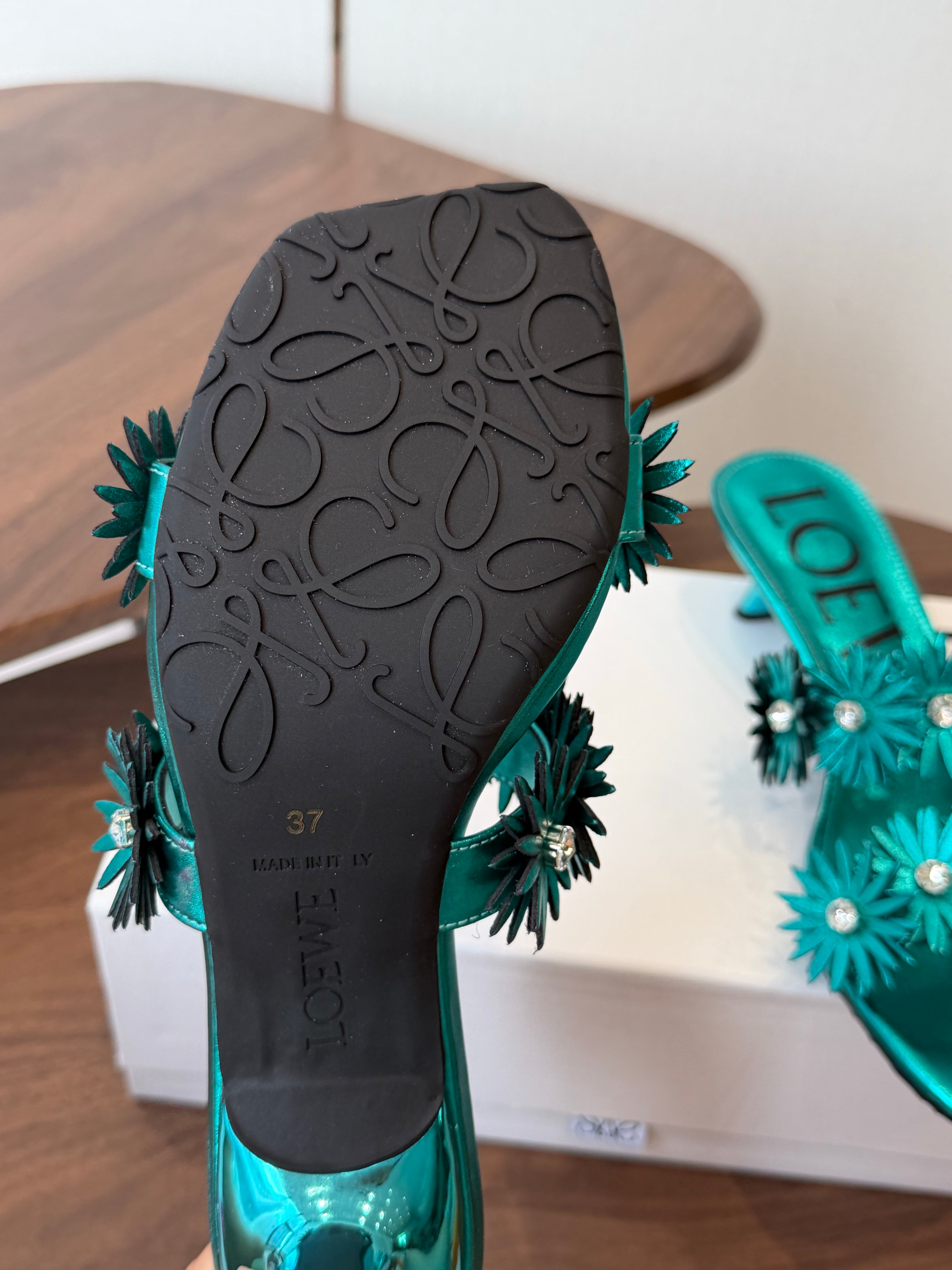 Loew Paula's Ibiza Petal Flower Sandals Metallic Turquoise Leather 889901