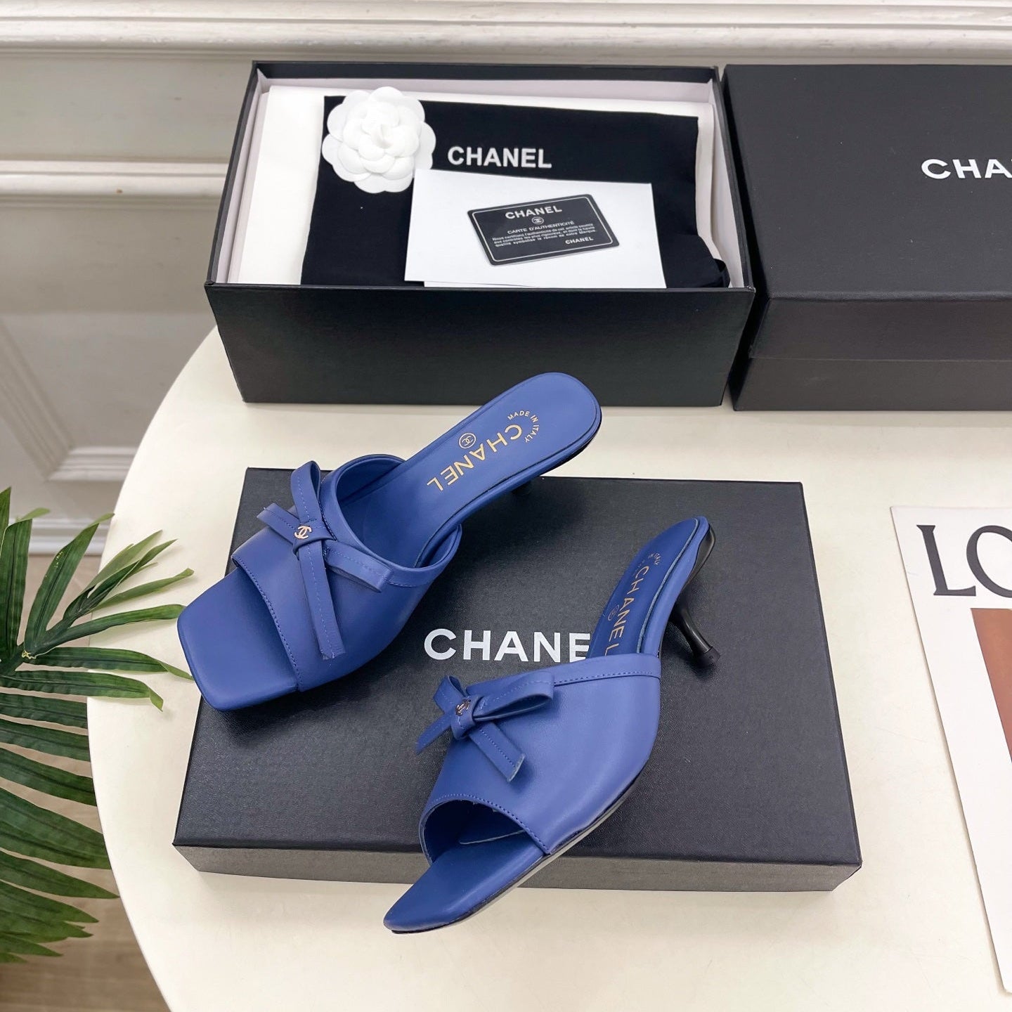 CC Bow Mules 5cm Blue Lambskin Leather 891756
