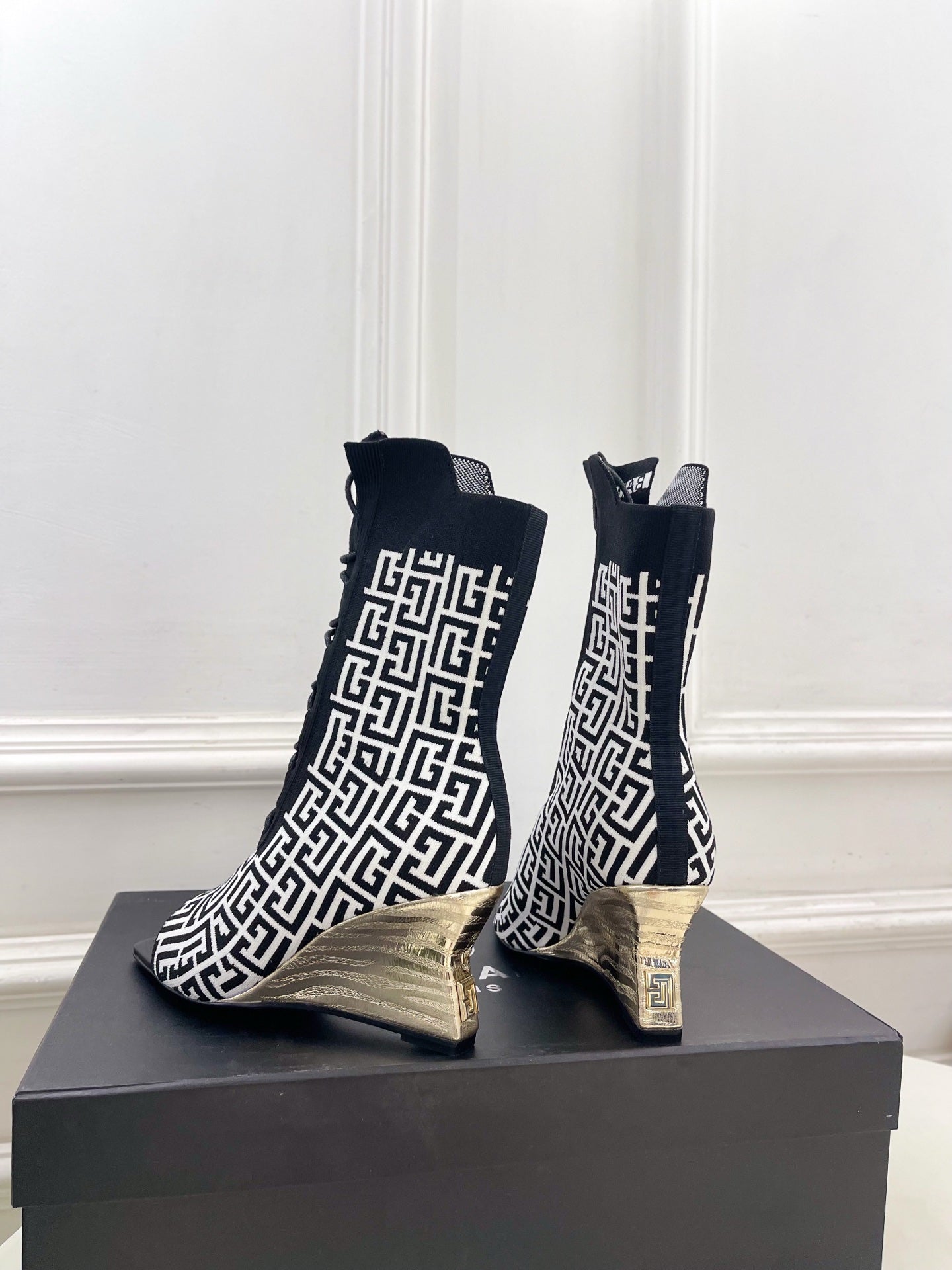 BM Moneta Monogram Knit Boots Black White Custom Knit Fabric 892301