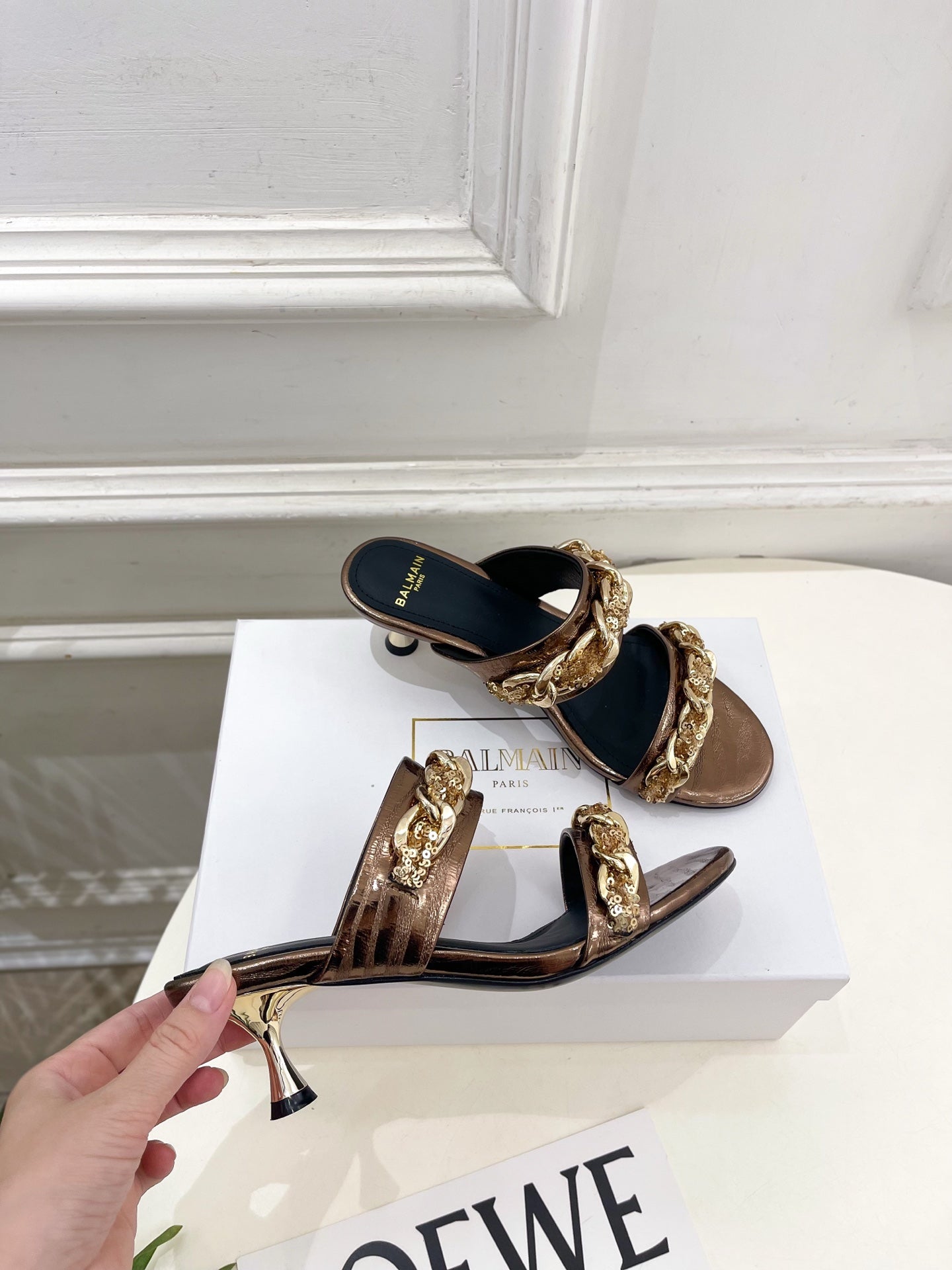 BM Sequin Chain Sandals 5cm Bronze Metallic Leather 892297