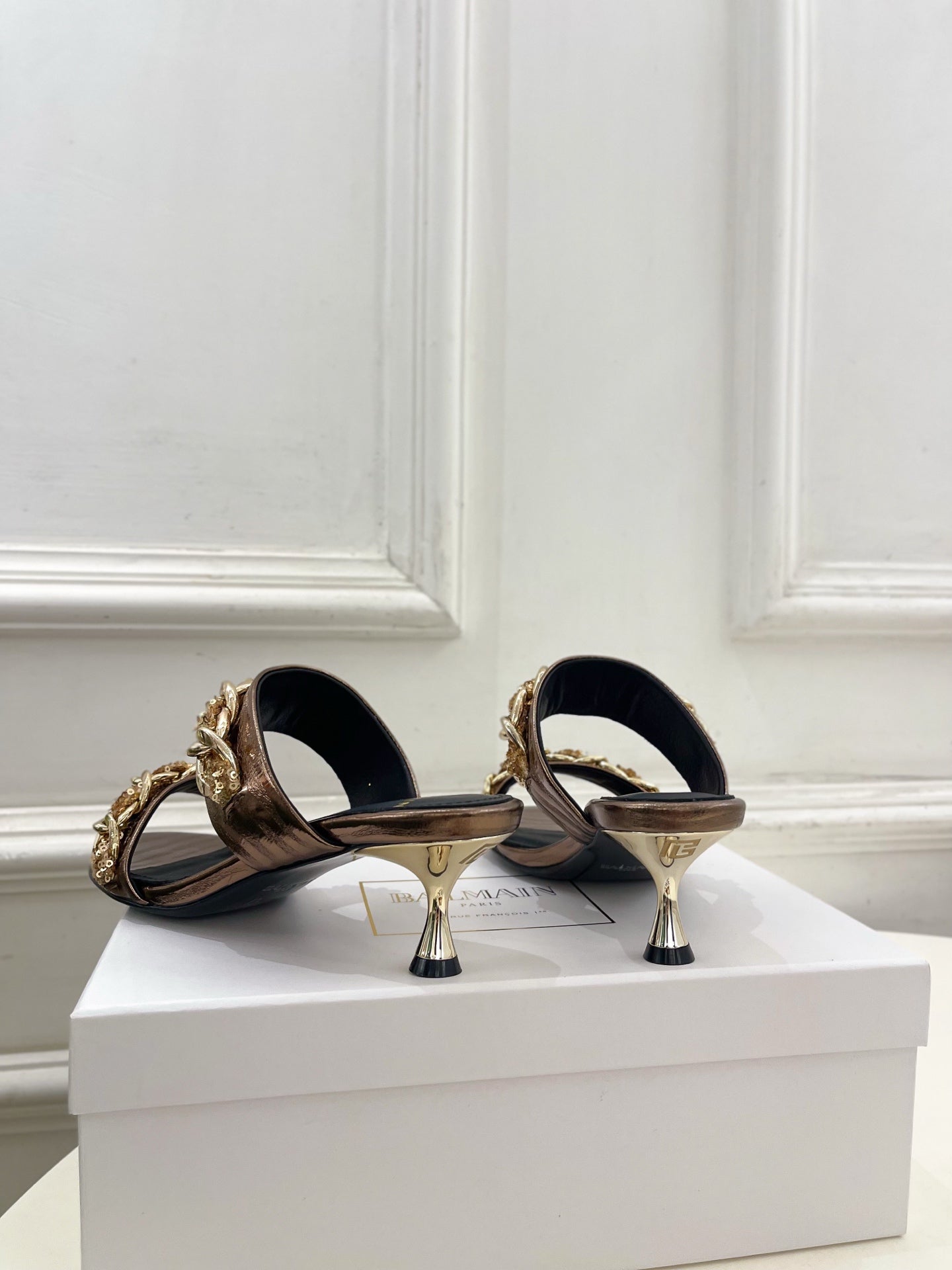 BM Sequin Chain Sandals 5cm Bronze Metallic Leather 892297