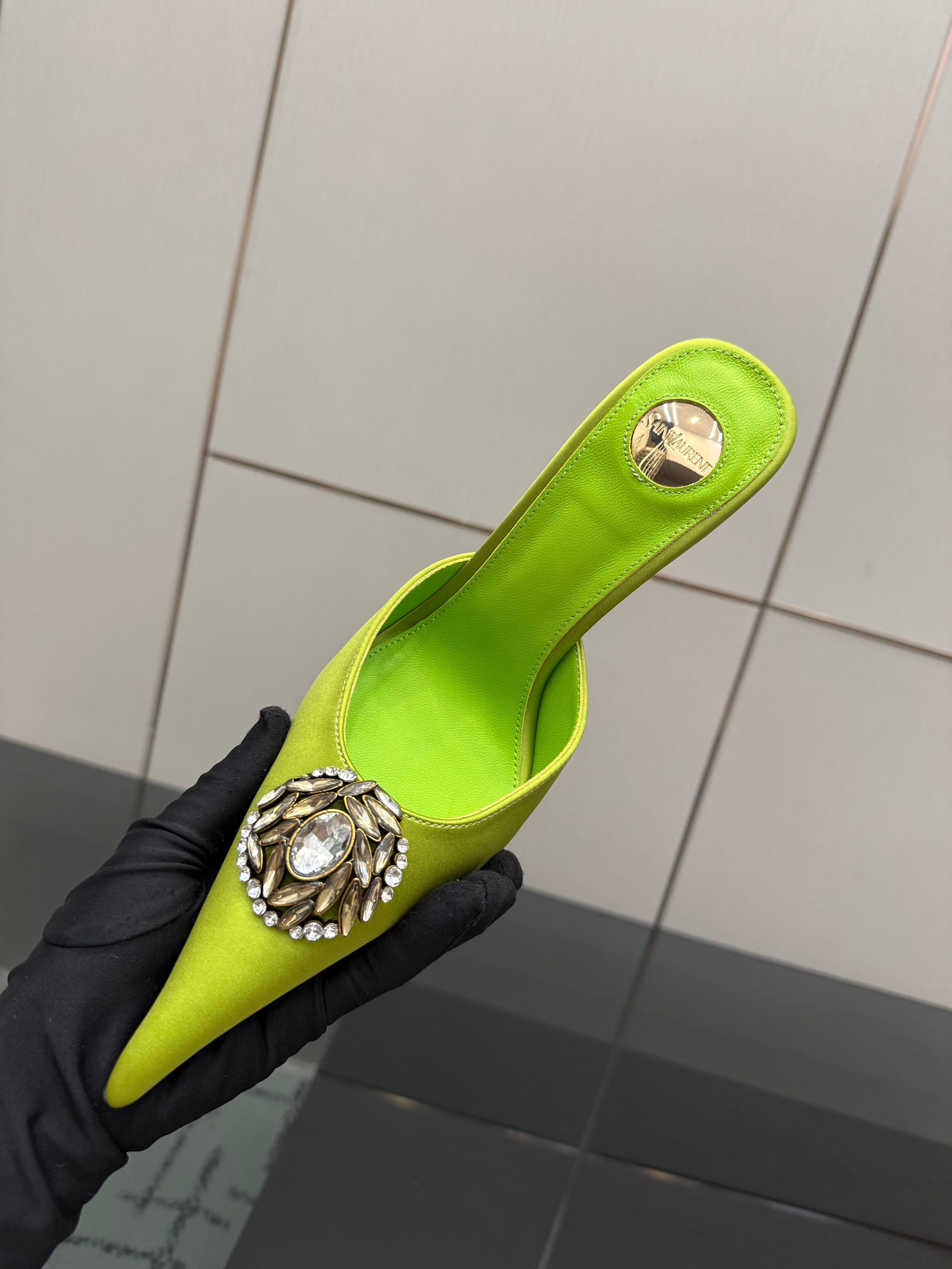 YSL Cosmo Crystal Mules 100mm Olive Green Calfskin Leather 894616
