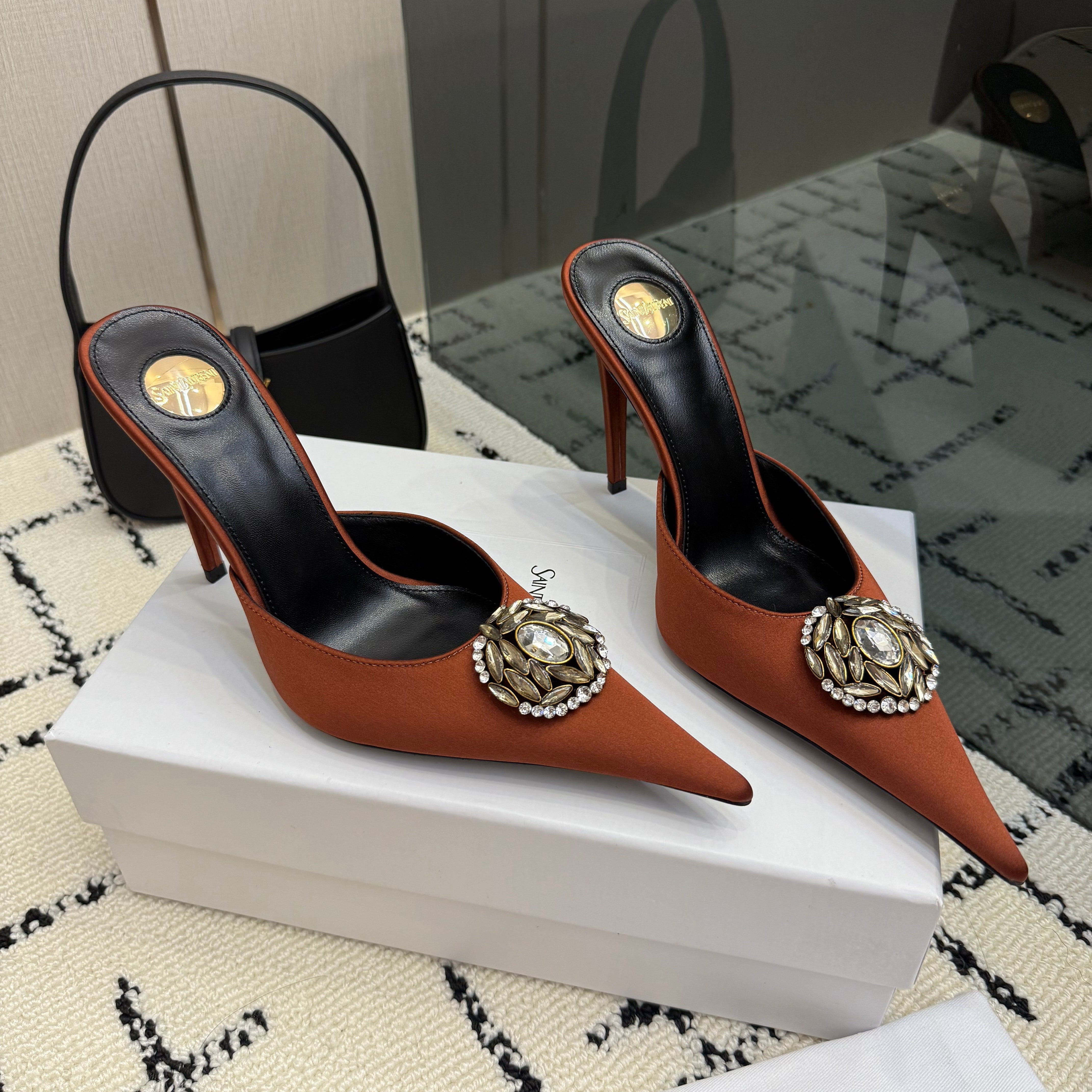 YSL Cosmo Crystal Mules 100mm Brown Calfskin Leather 894615