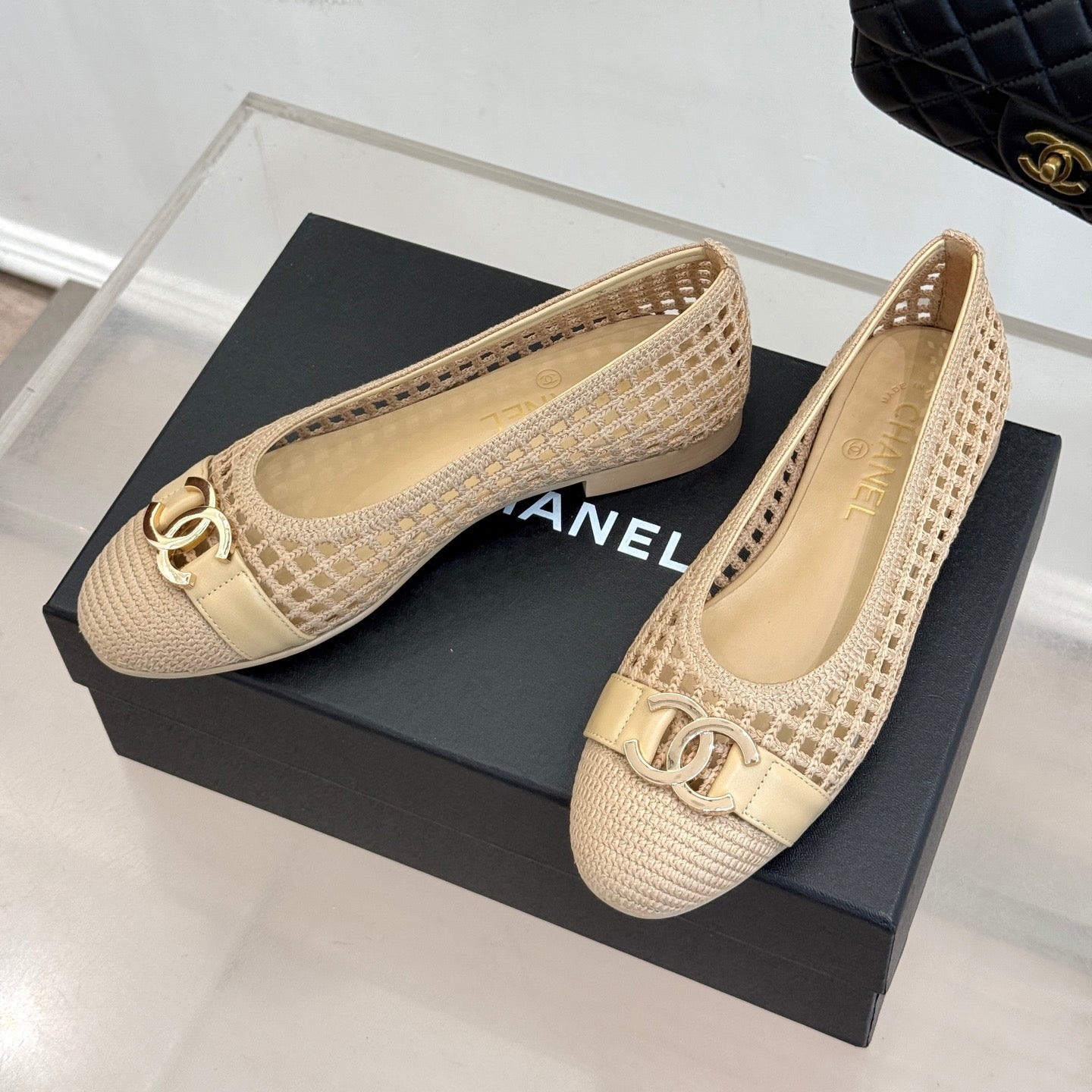 CC Mesh Woven Ballet Flats Beige Woven Fabric 904674