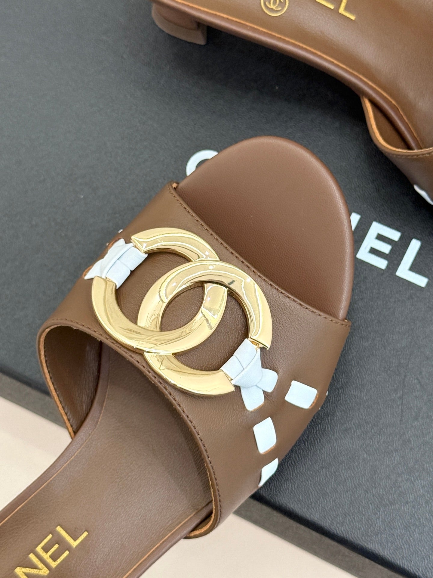 CC Flared Heel Mules Brown Lambskin Leather 904664