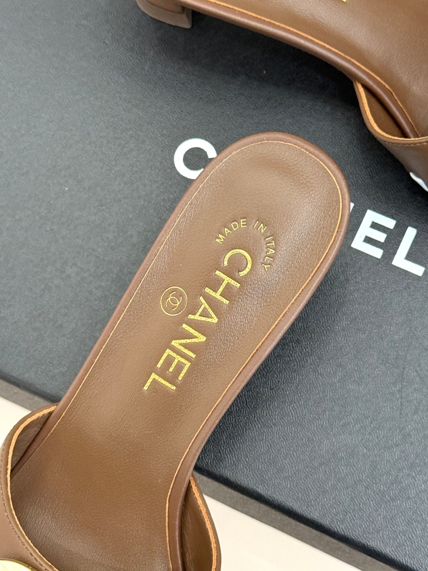 CC Flared Heel Mules Brown Lambskin Leather 904664