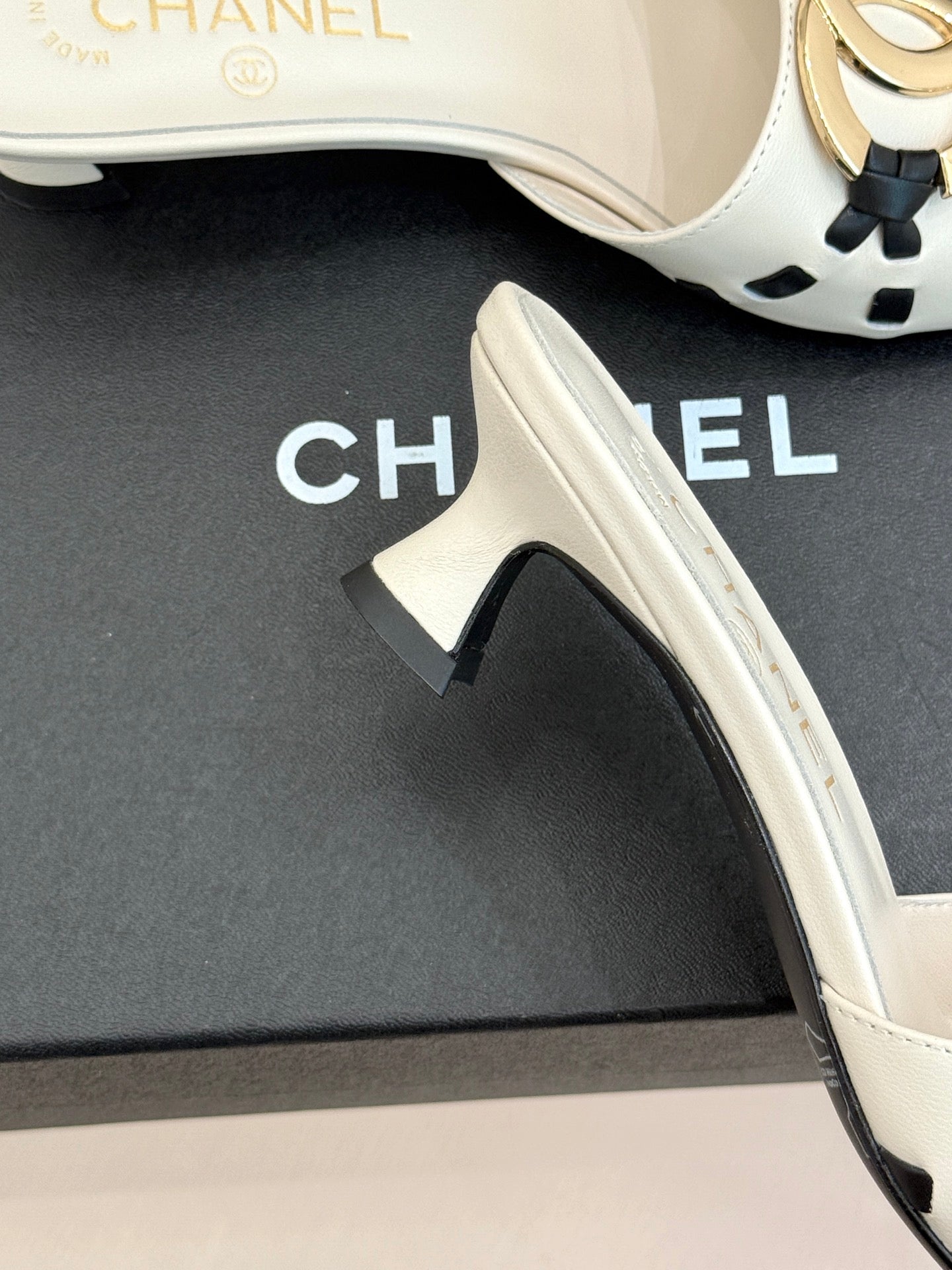 CC Flared Heel Mules White Lambskin Leather 904660