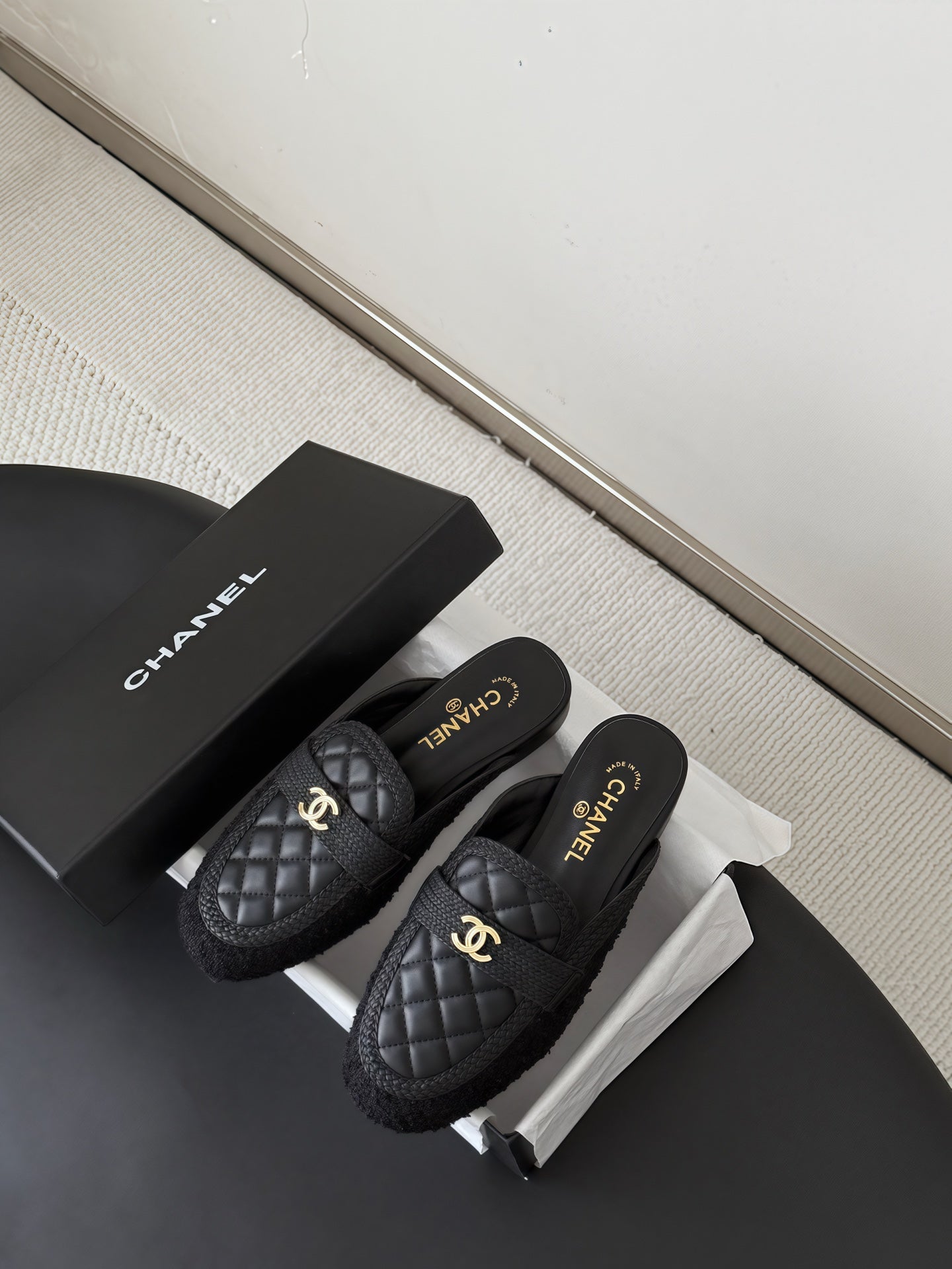CC Quilted Logo Strap Mules Black Tweed & Leather 914191