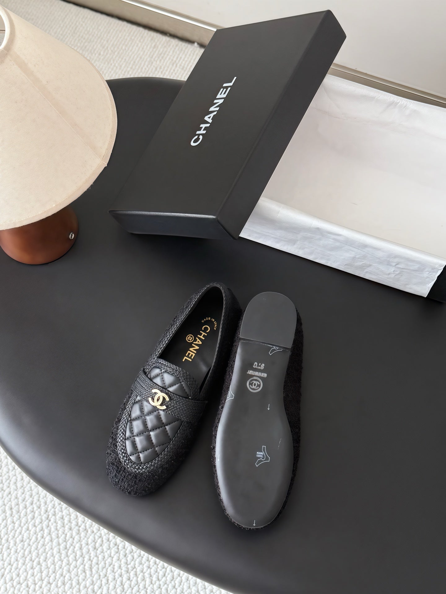 CC Quilted Logo Loafers Black Tweed & Leather 914188