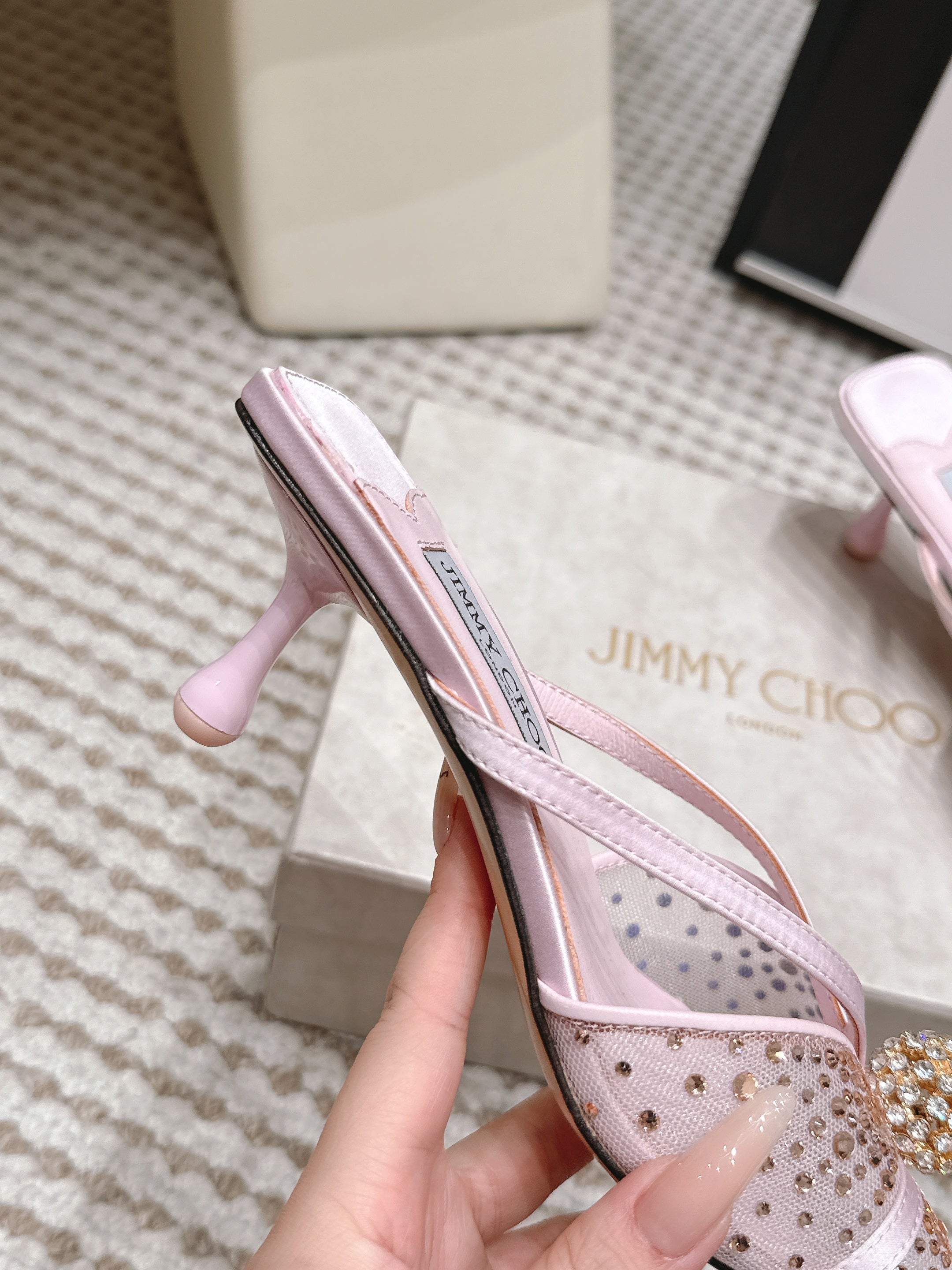 JC Crystal Bow Mule Sandals 5.5CM Pink Mesh Leather 930963