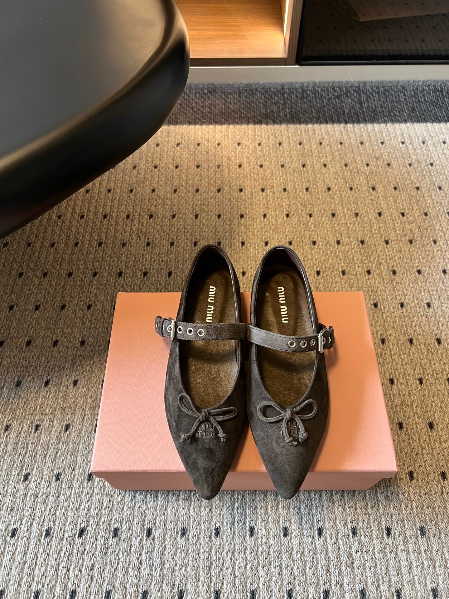 Miu Pointed Toe Bow Mary Jane Flats Dark Brown Suede 933431