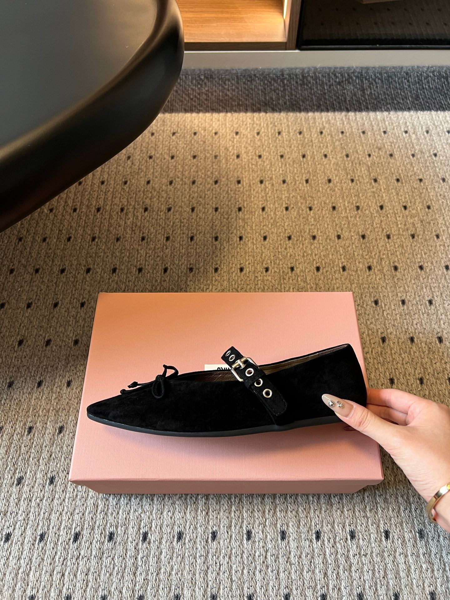 Miu Pointed Toe Bow Mary Jane Flats Black Suede 933429