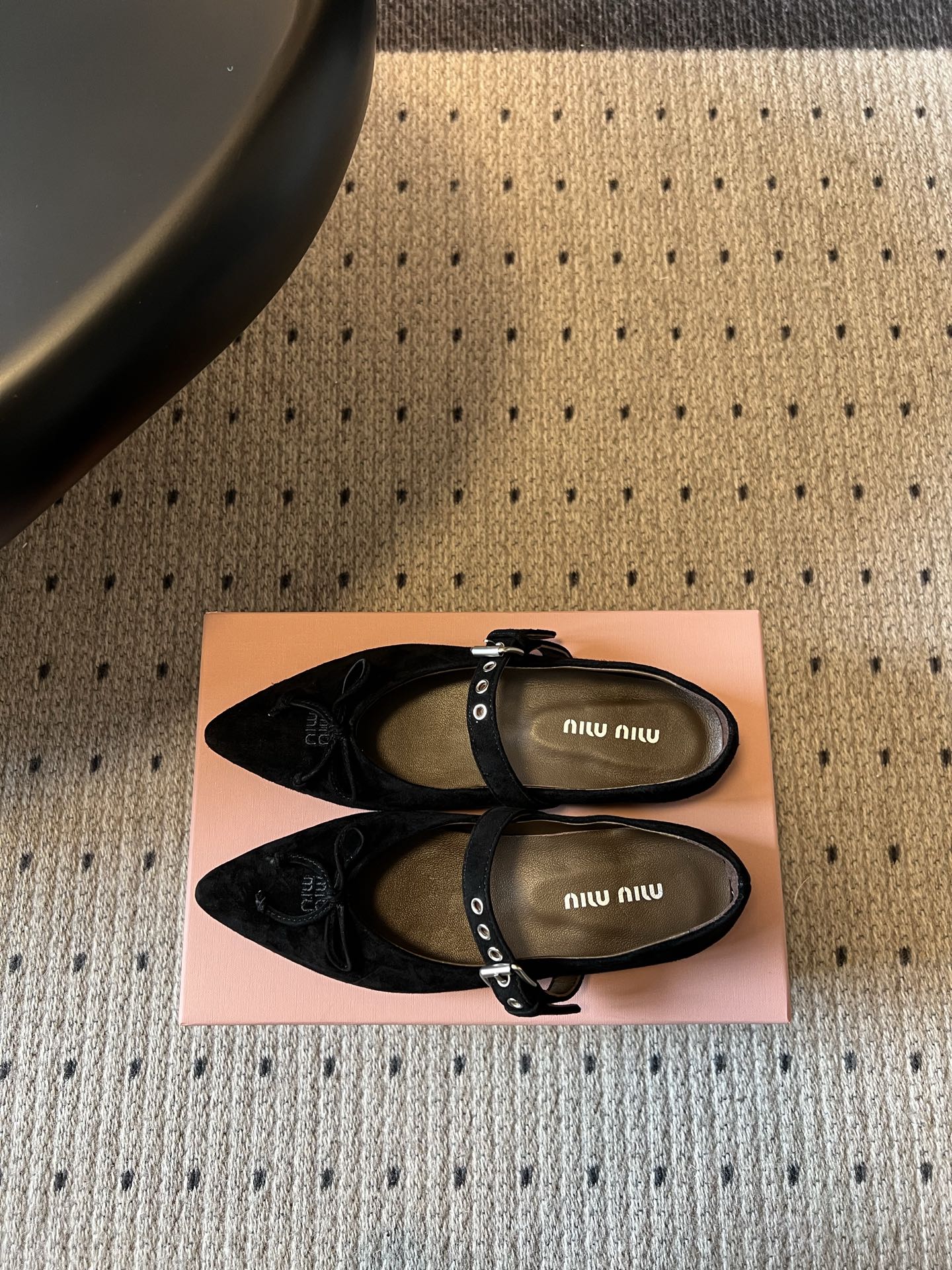 Miu Pointed Toe Bow Mary Jane Flats Black Suede 933429