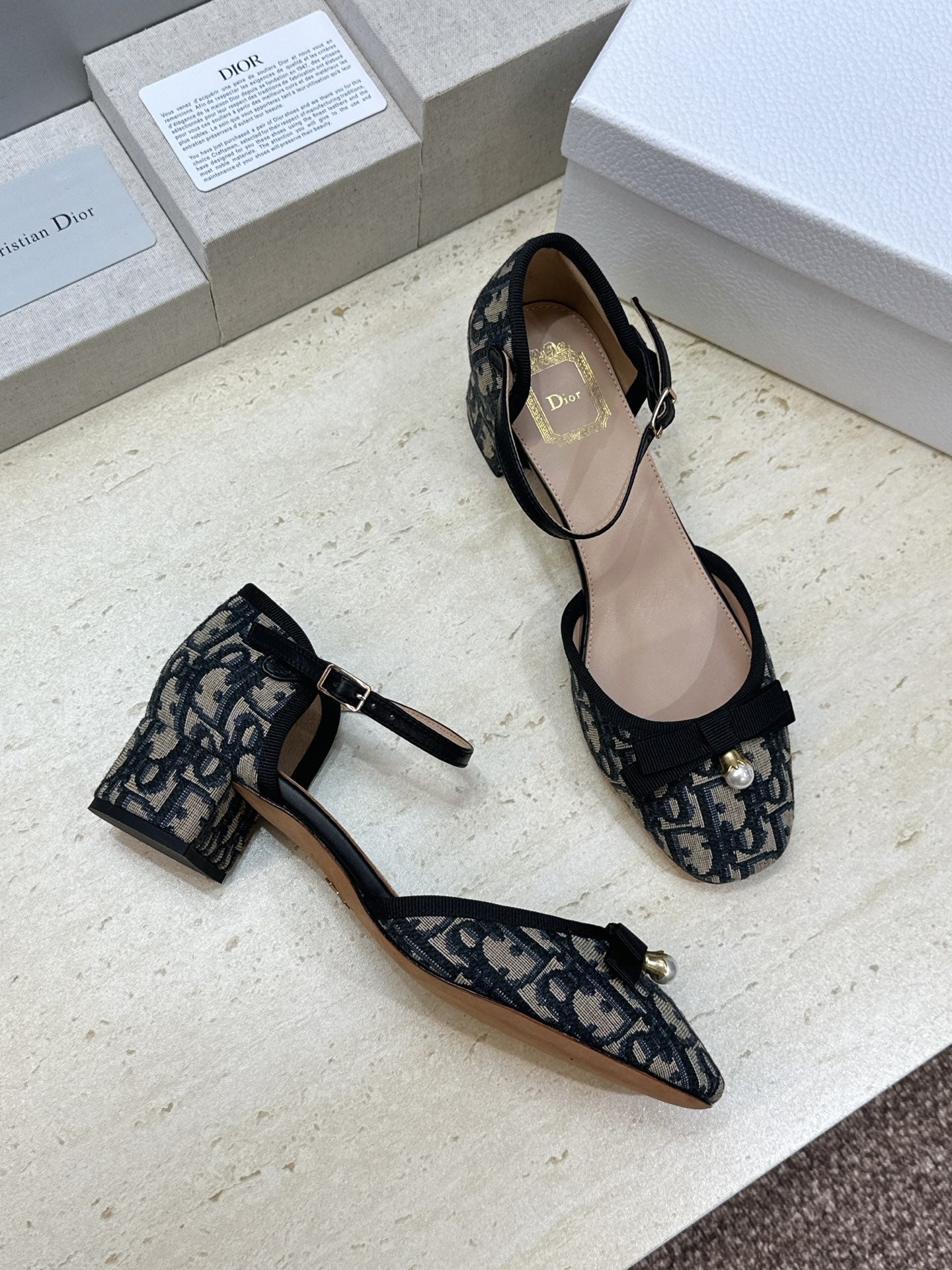 CD Oblique Bow Pearl Ankle Strap Pumps 3.5CM Grey Navy Embroidered Cotton 933313
