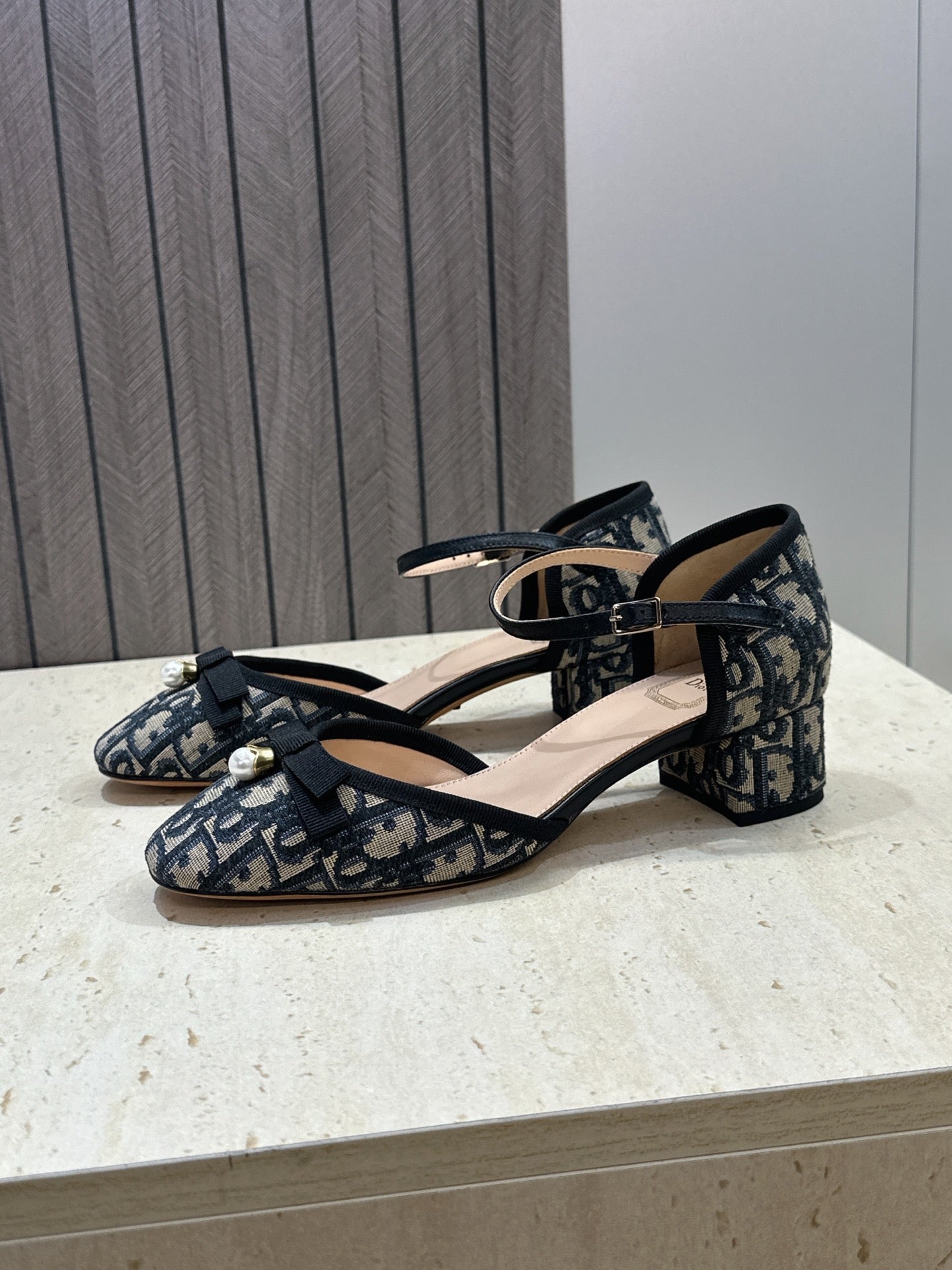 CD Oblique Bow Pearl Ankle Strap Pumps 3.5CM Grey Navy Embroidered Cotton 933313