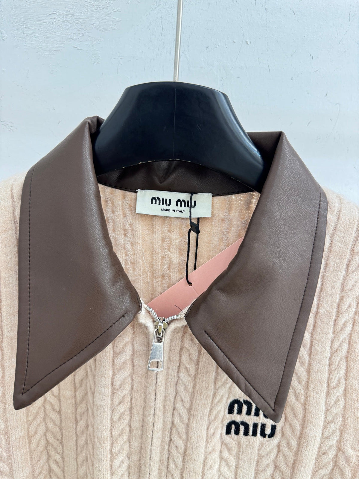 Miu Cable-Knit Zip-Up Sweater Vest Leather Collar Wool 801967