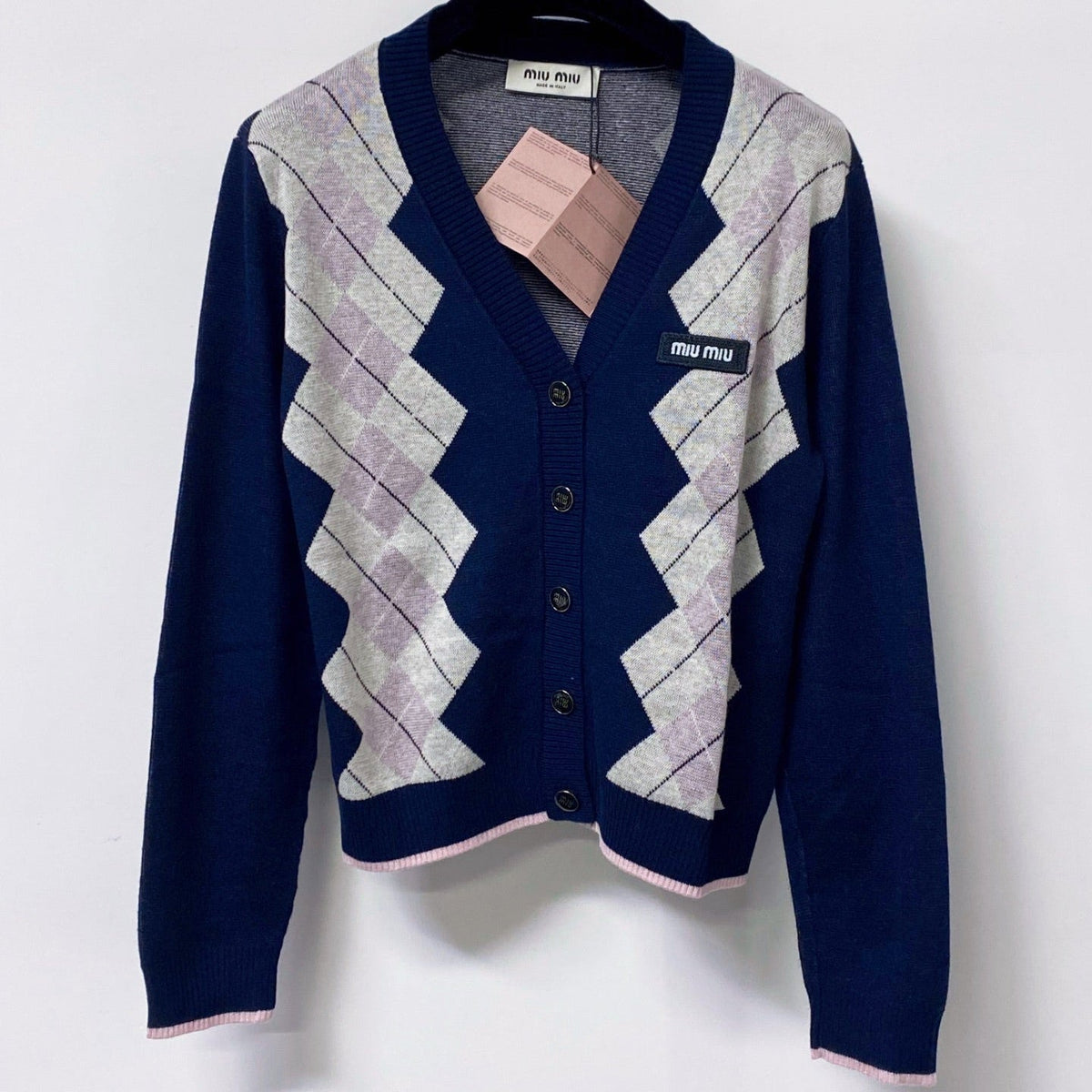 Miu Argyle Cardigan Blue Navy Wool 799747