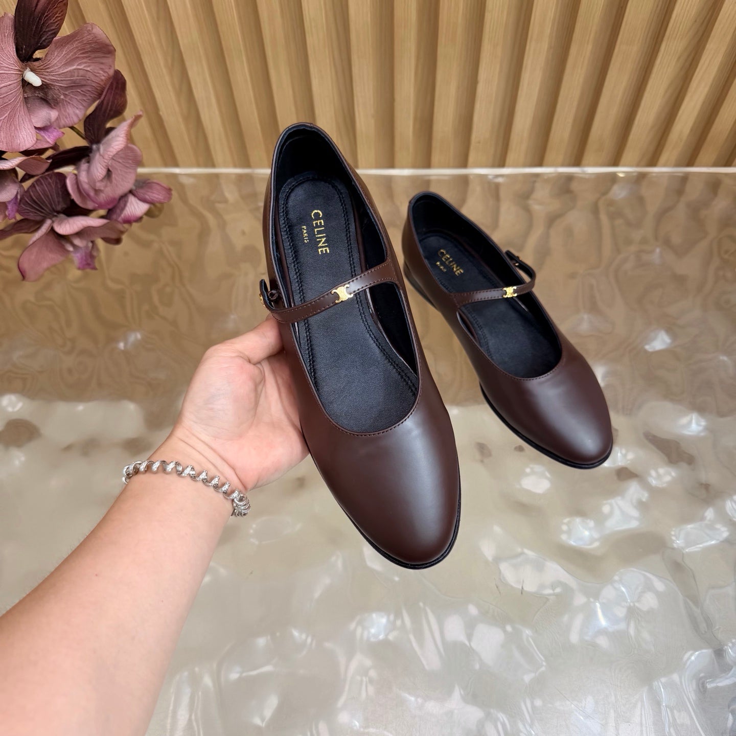 CE Celine Macaron Triomphe Button Mary Jane Ultra Chocolate Leather 949376