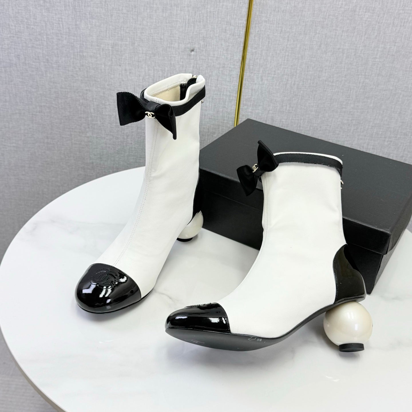 CC Mid-Calf Boots Pearl Ball Heel Bow Ivory Black Leather 972796