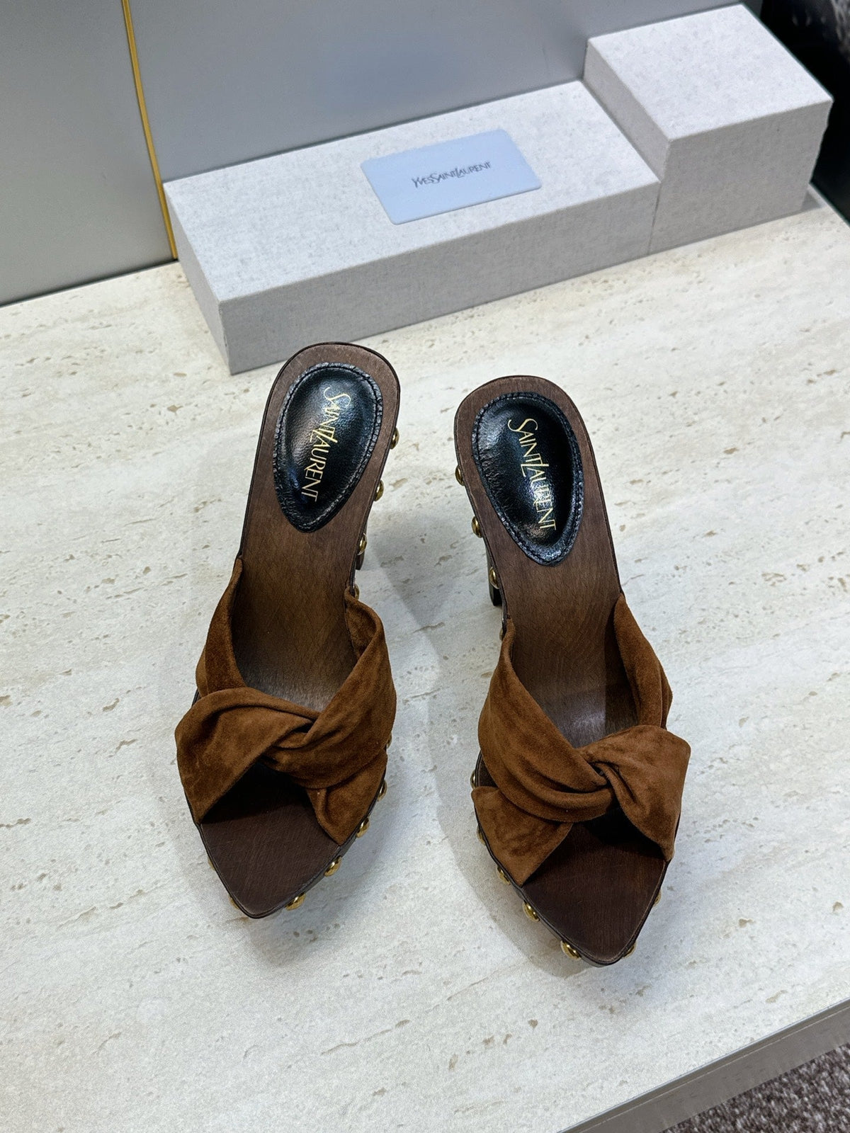 YSL 26S Platform Mules 9cm Knotted Strap Gold Studs Brown Suede 118792