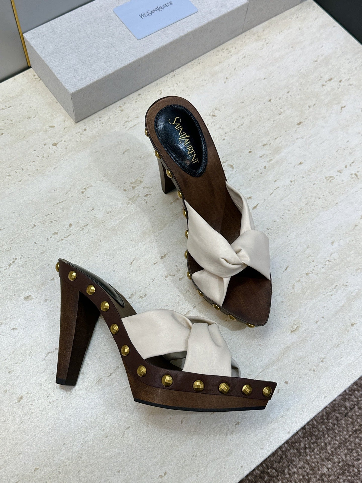 YSL 26S Platform Mules 9cm Knotted Strap Gold Studs Cream Suede 118791