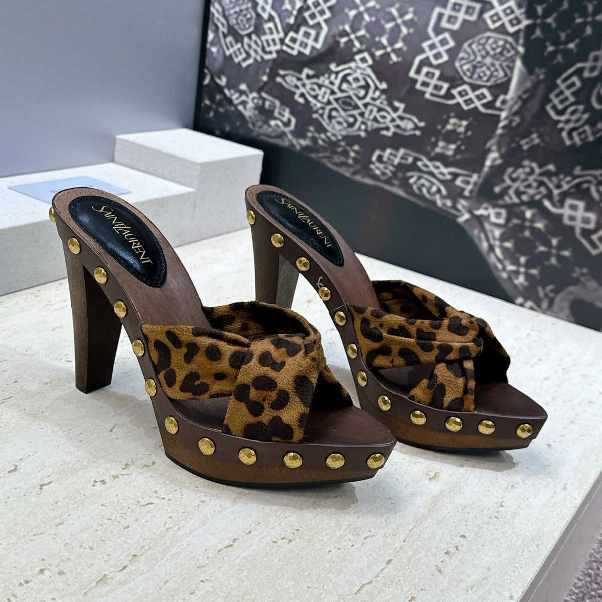 YSL 26S Platform Mules 9cm Knotted Strap Gold Studs Cream Suede 118791
