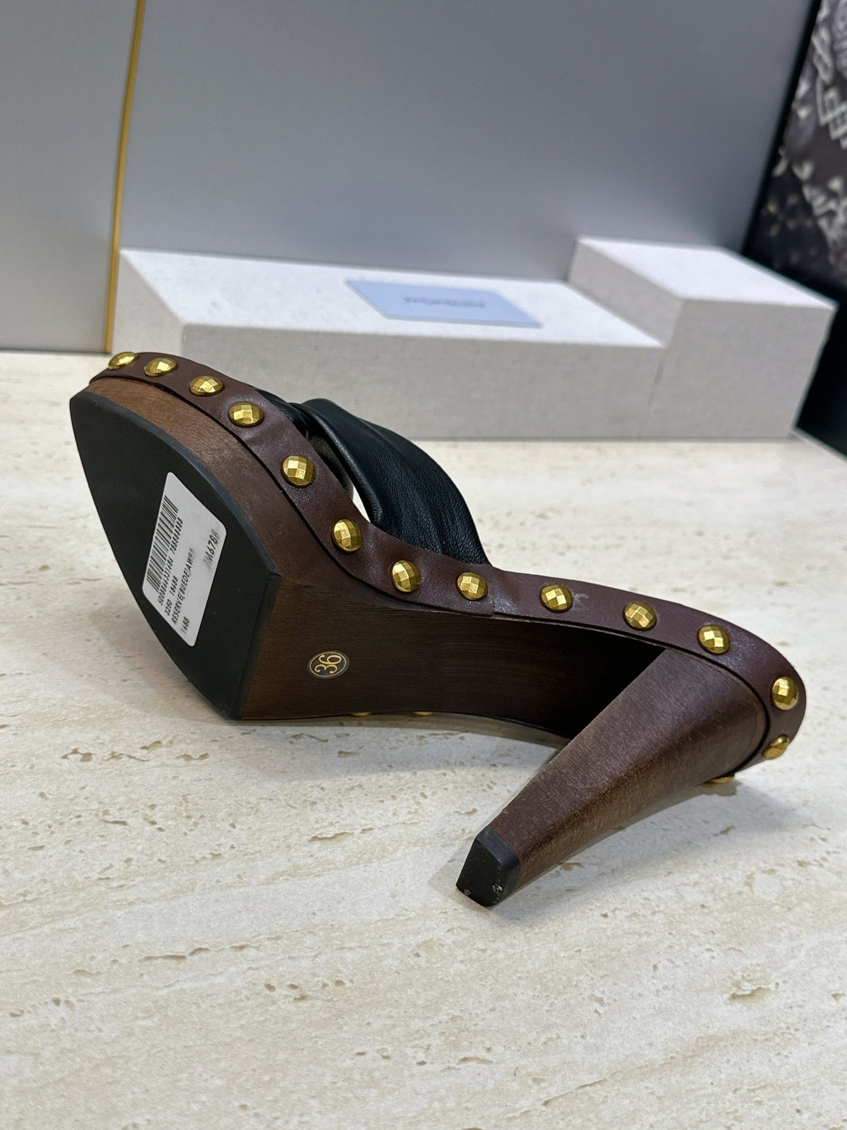 YSL 26S Platform Mules 9cm Knotted Strap Gold Studs Black Leather 118789