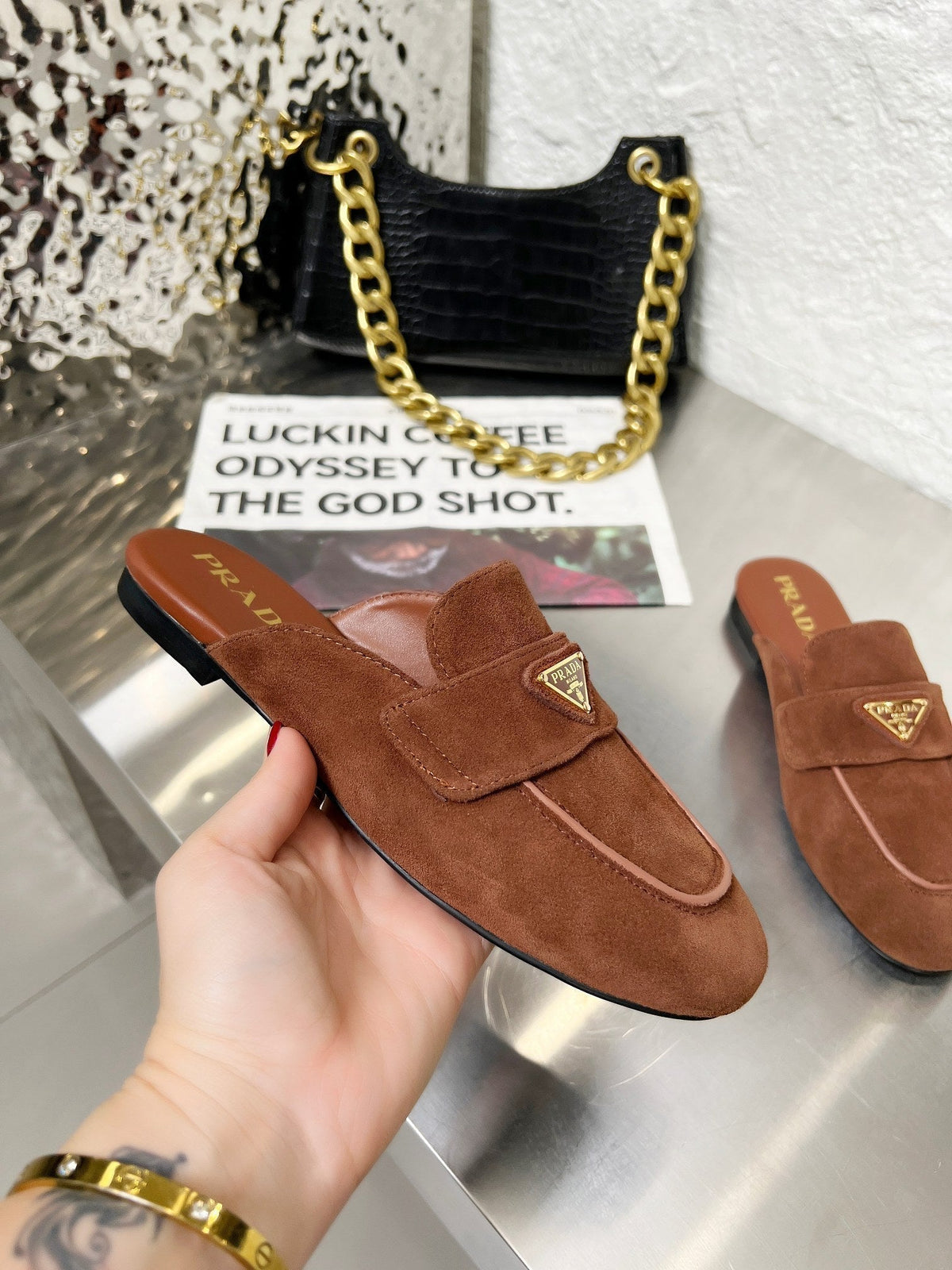 Prada 26s Mule Loafers Chocolate Brown Suede With Logo