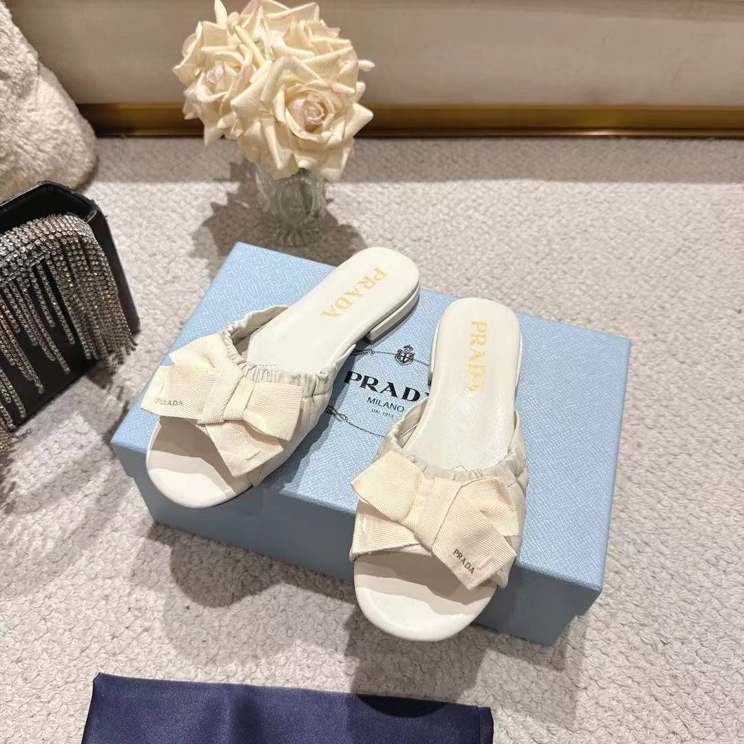 Prada 26s Ruched Bow Slide Sandals Cream White Calfskin