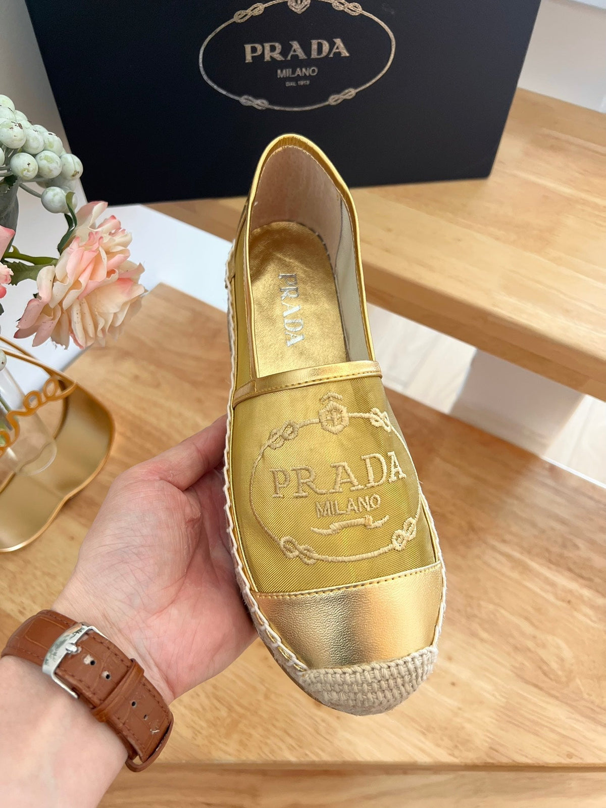 Prada 26s Embroidered Logo Espadrille Flats Gold Mesh Calfskin