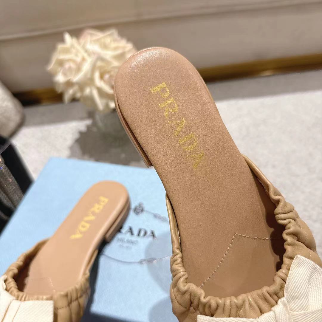 Prada 26s Ruched Bow Slide Sandals Beige Calfskin