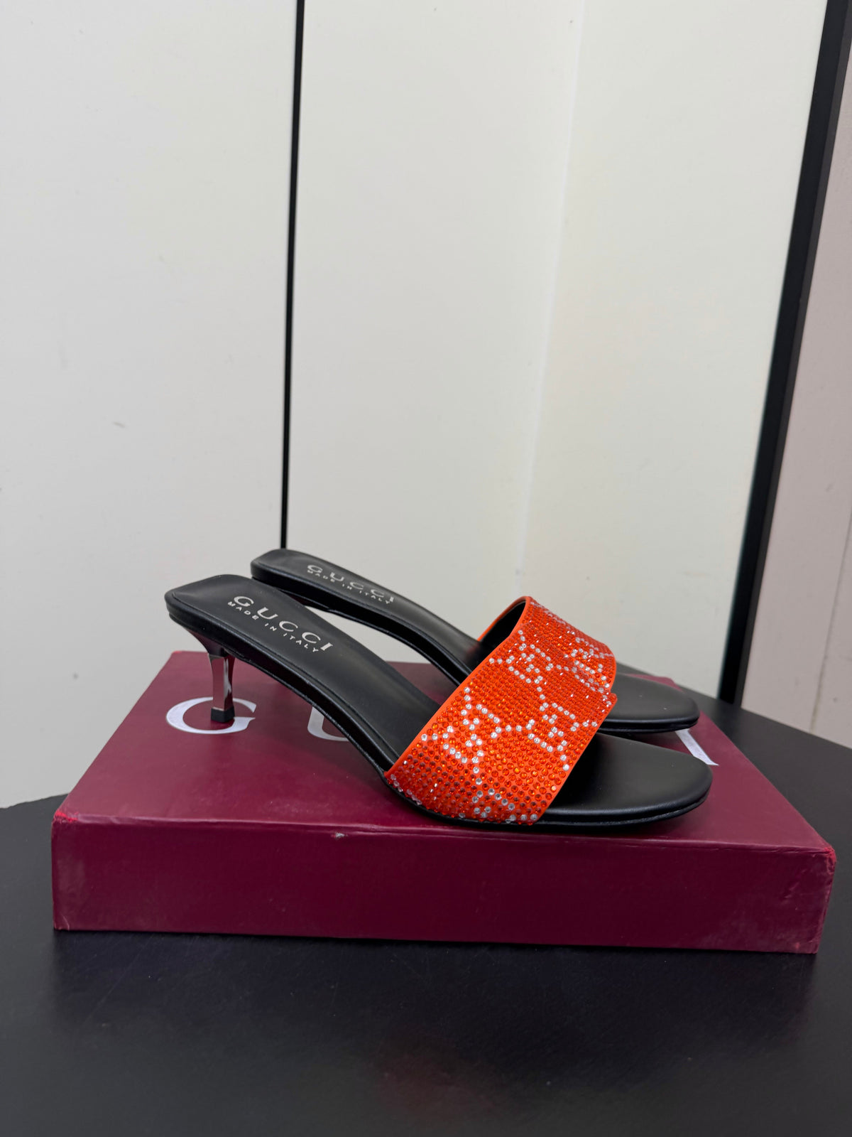 Gucci 26s Mule Sandals 5.5cm Orange Satin Crystal GG