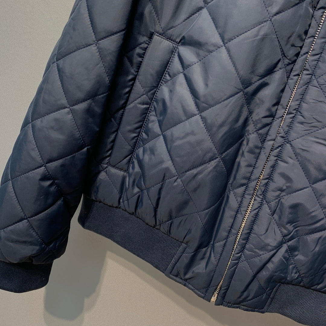 Miumiu 2026 Quilted Down Jacket Navy Blue Pongé Fabric 421170