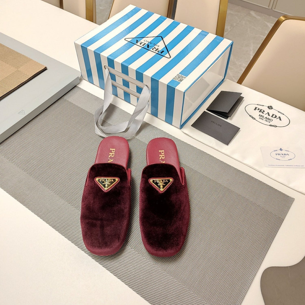 Prada 26s Square Toe Slippers Burgundy Red Velvet