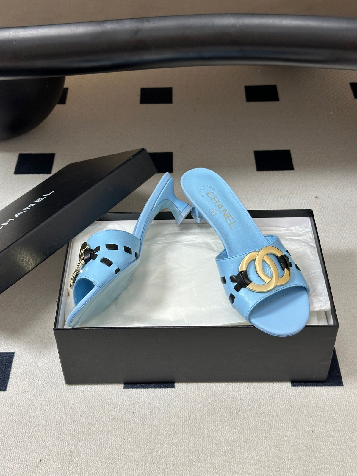 CC 26S High Heel Mule in Light Blue Lambskin with Gold-Tone CC Logo