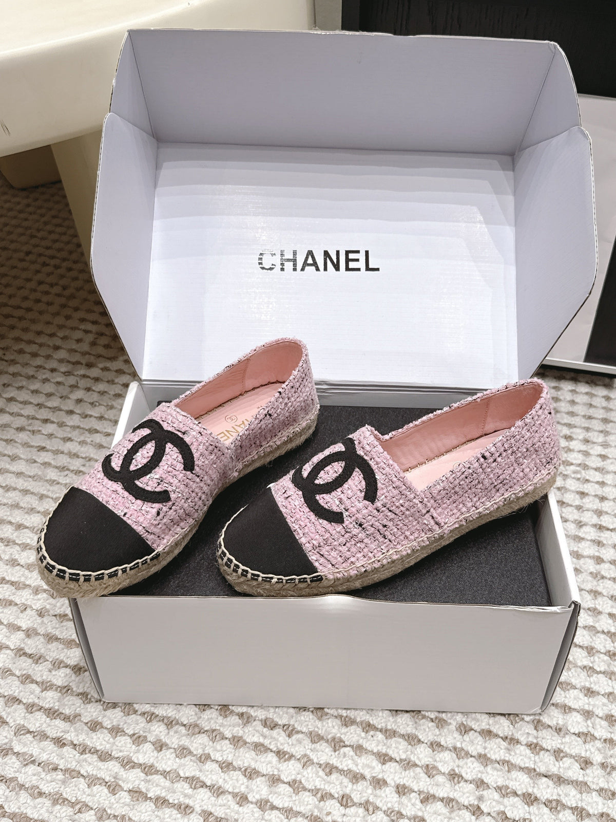 CC 26S Slip-Ons in Pink Mix Black Tweed and Patent Calfskin