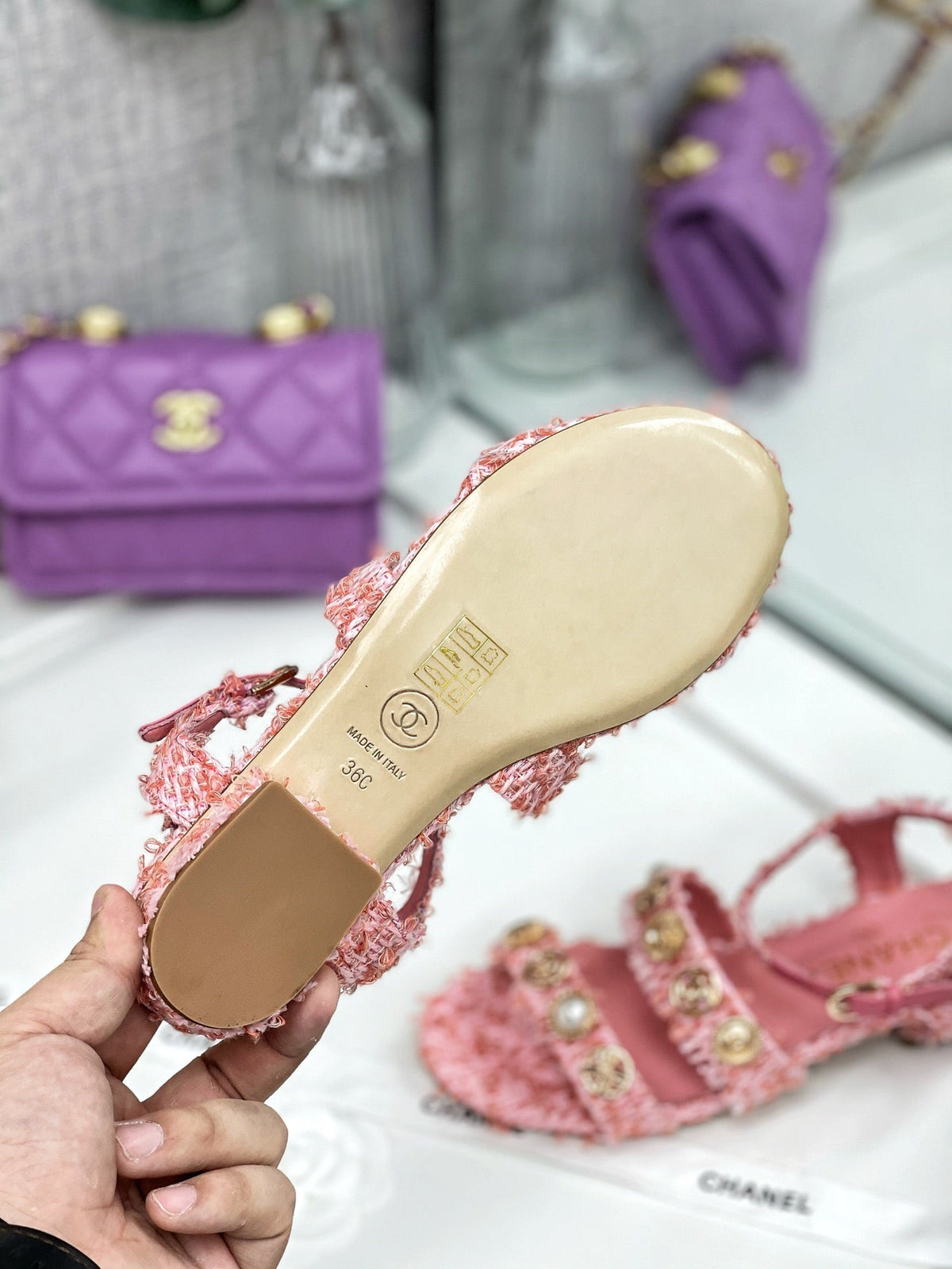 Chanel 2026 Interlocking CC Logo Sandals Tweed 162285