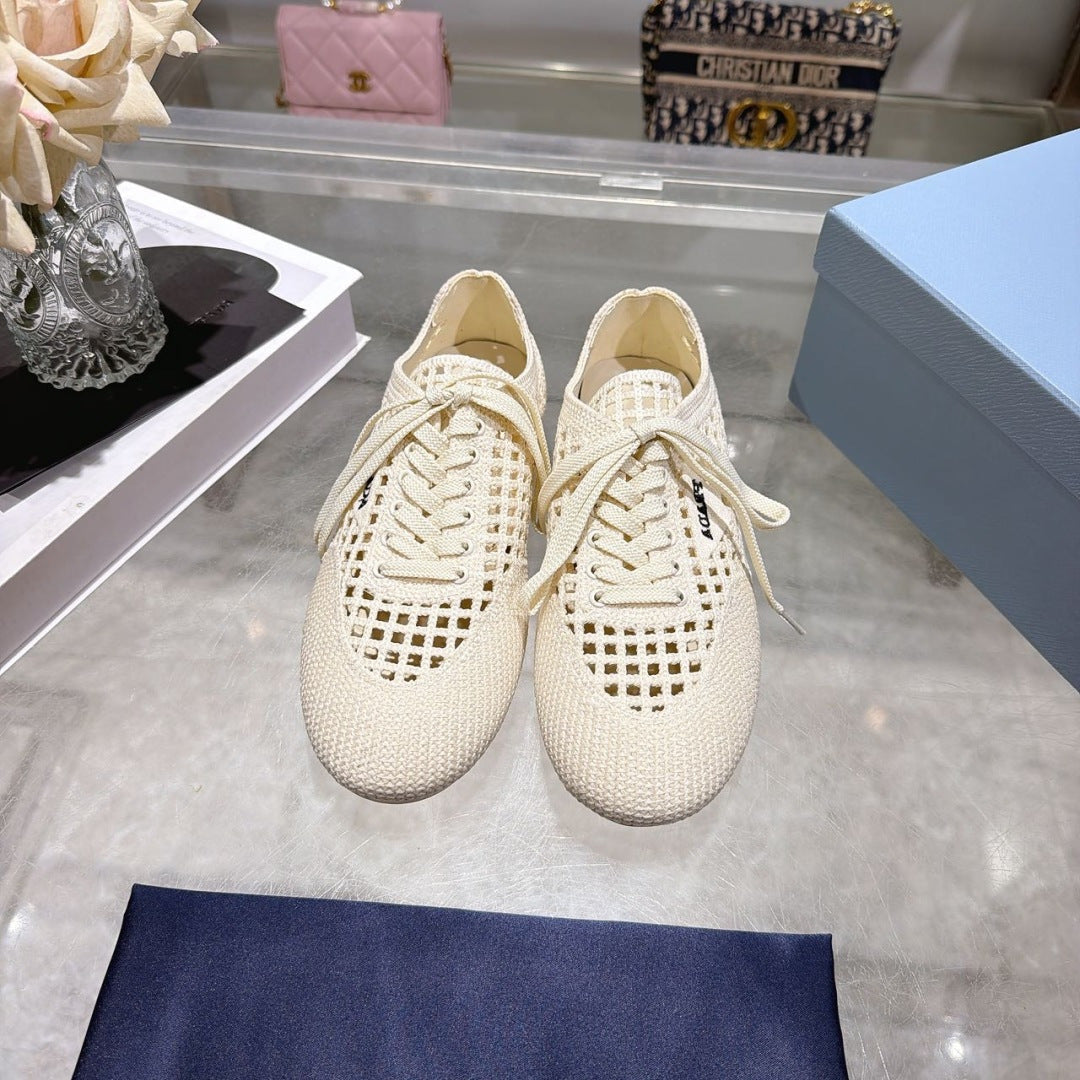Prada 26s Lace Up Openwork Knit Sneakers Ivory White Knit Fabric