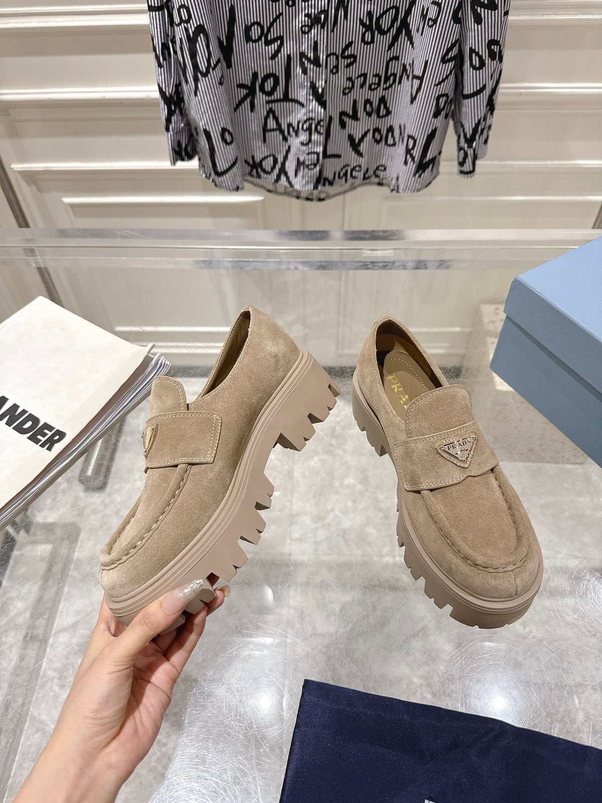 Prada 26S Platform Loafers 45mm Beige Suede