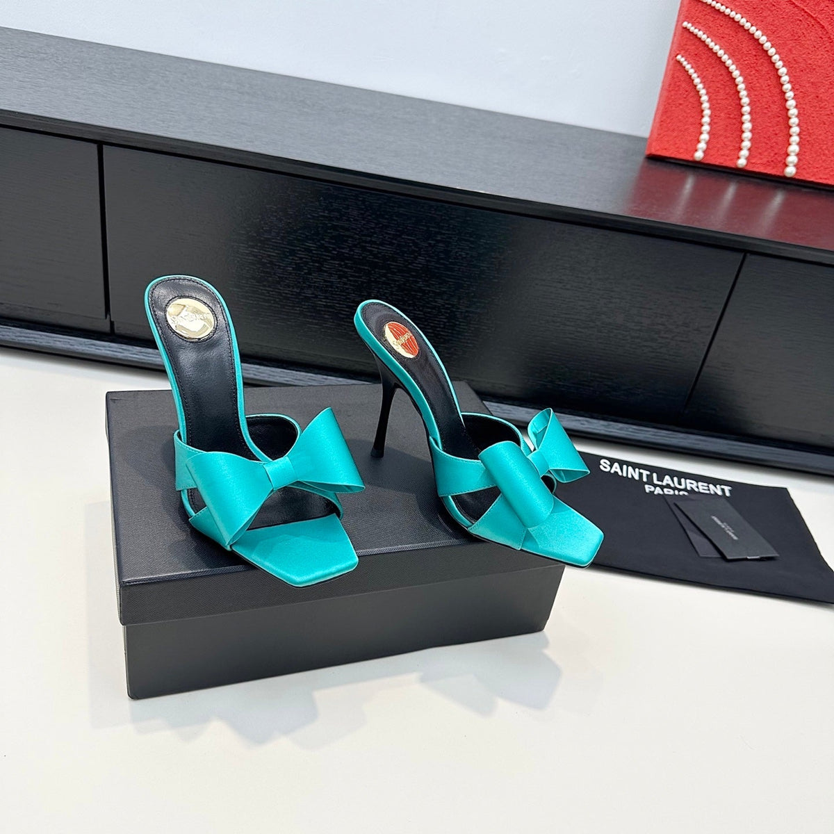 YSL 26S Heeled Sandals 105 Mm In Tiffany Blue Satin